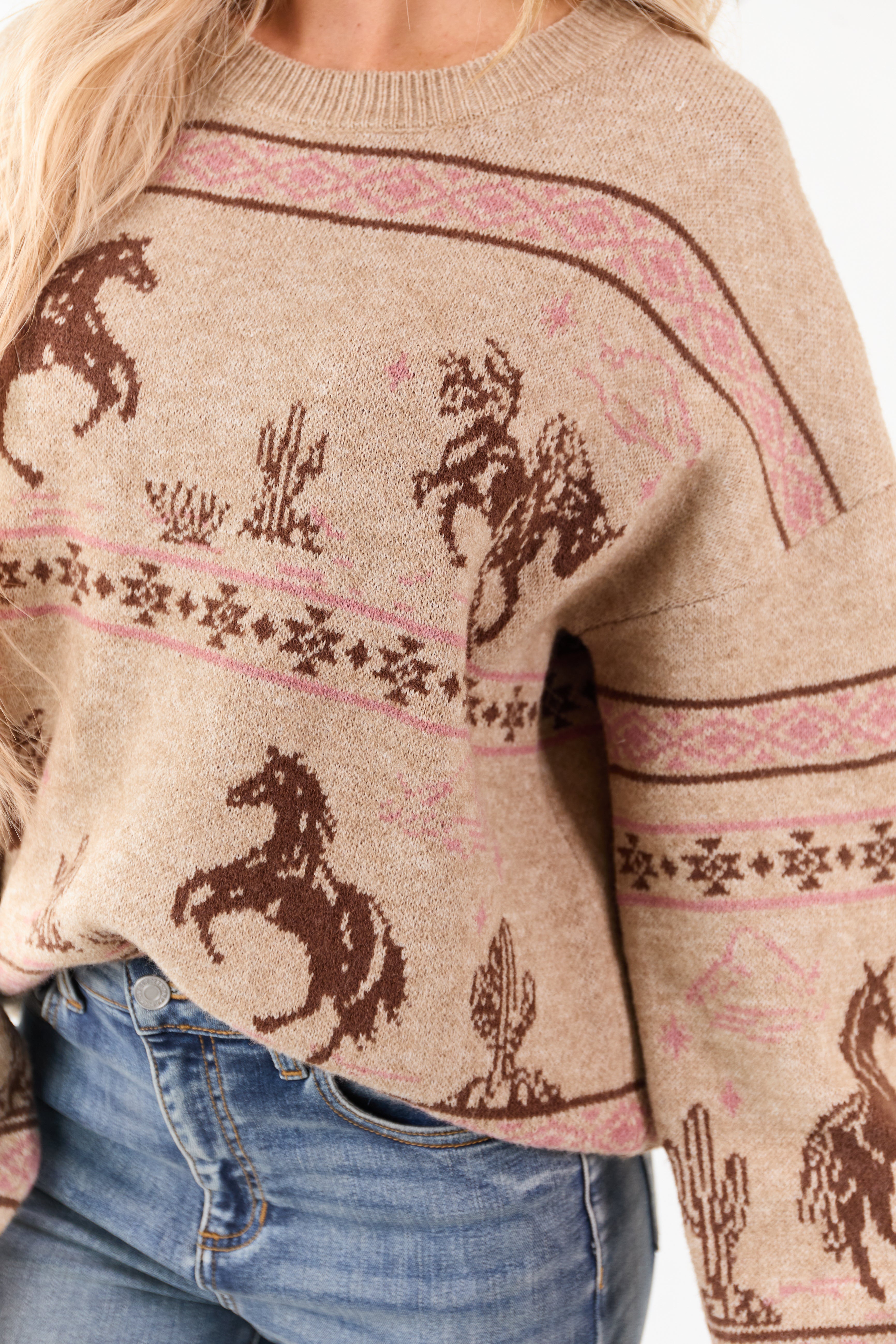 Camel Western Print Crew Neck Knit Sweater