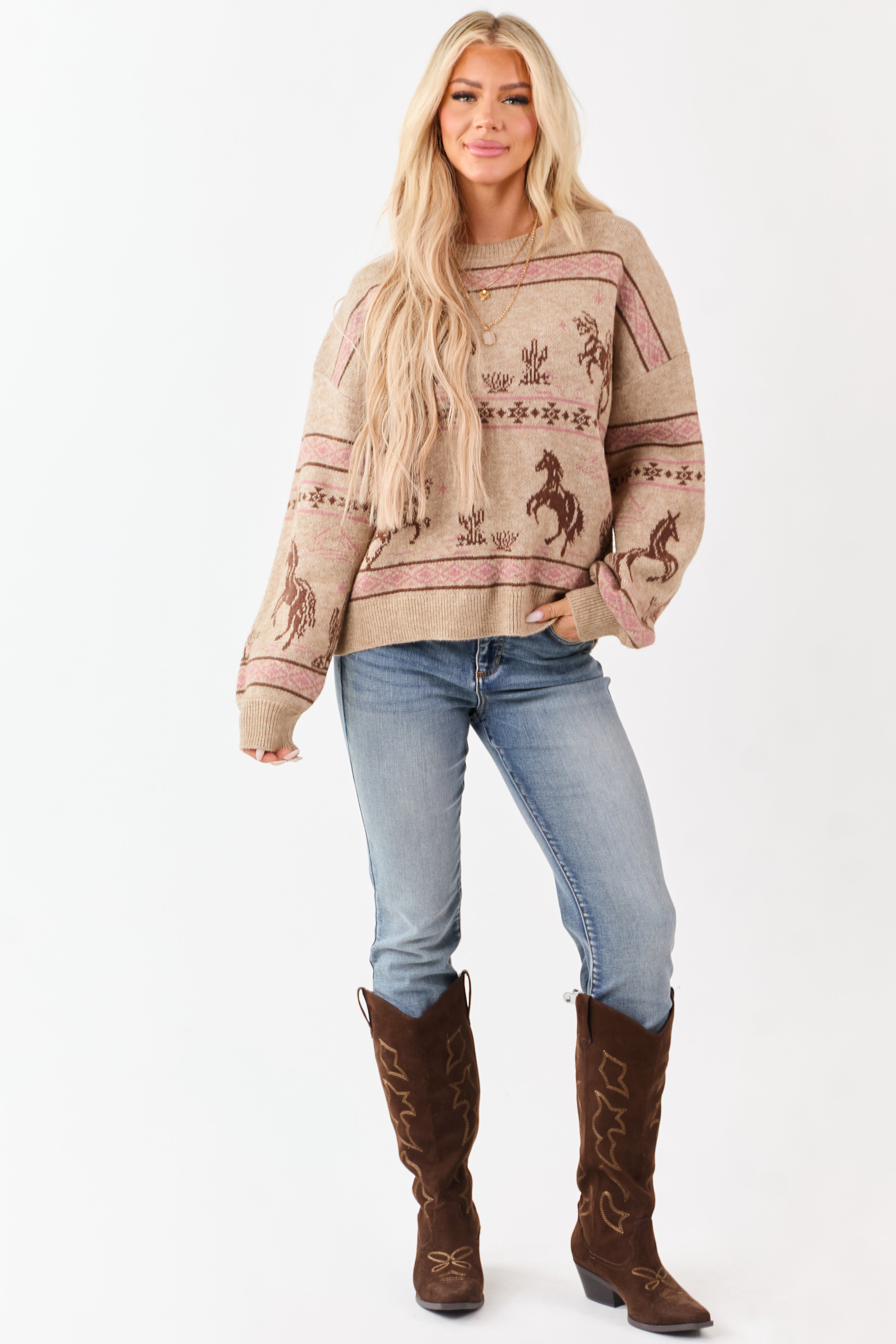 Camel Western Print Crew Neck Knit Sweater