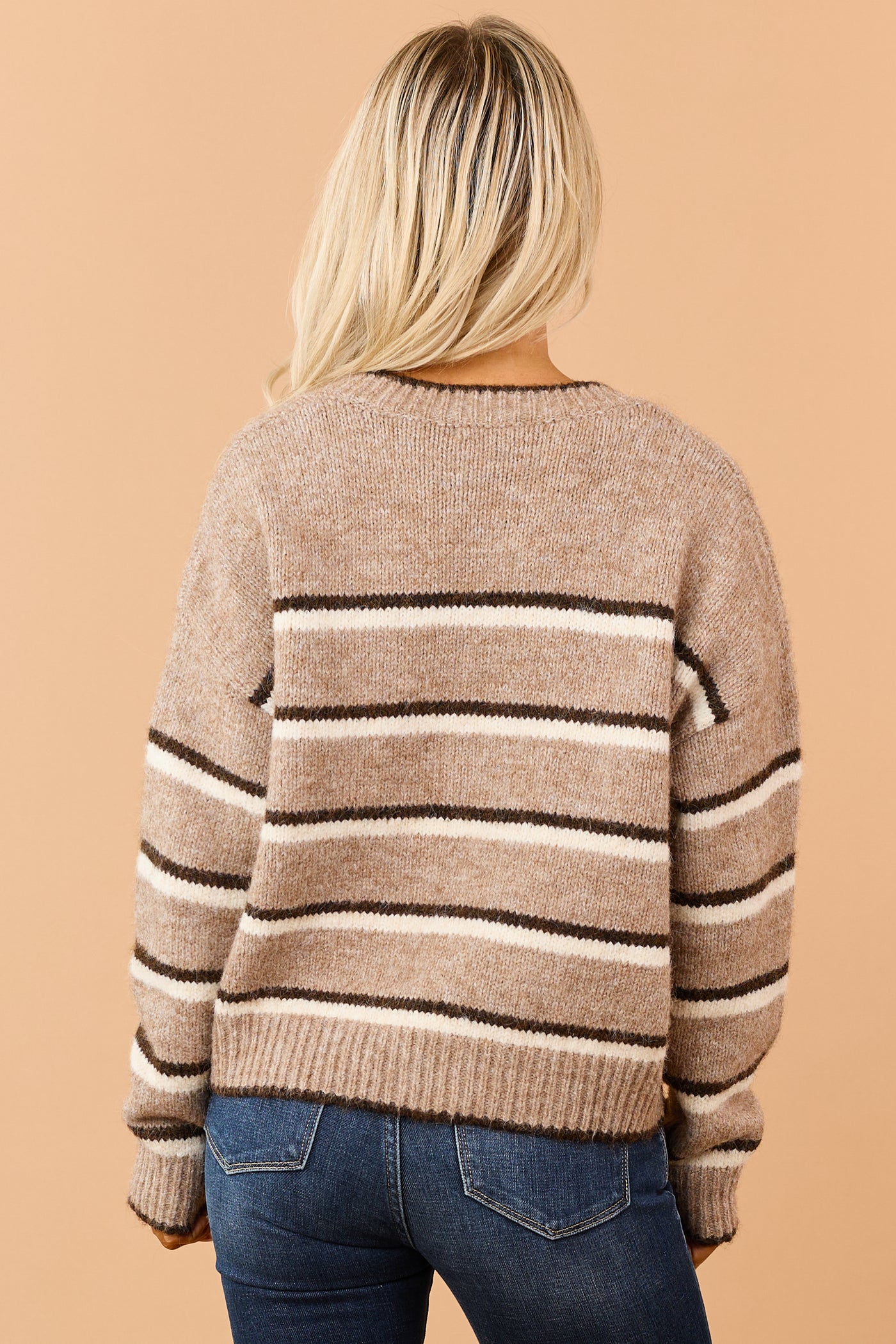 Camel Wool Blend Striped Sweater Cardigan