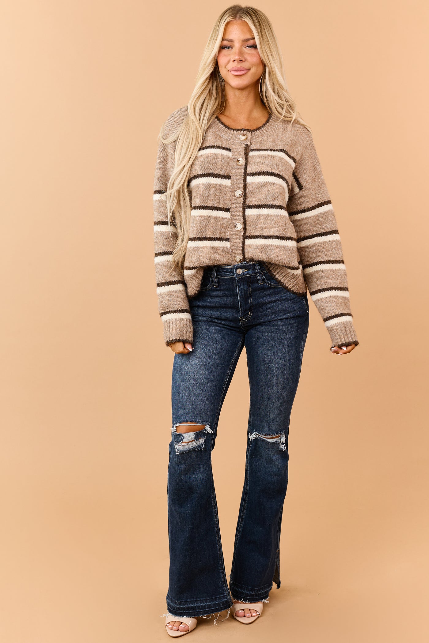 Camel Wool Blend Striped Sweater Cardigan