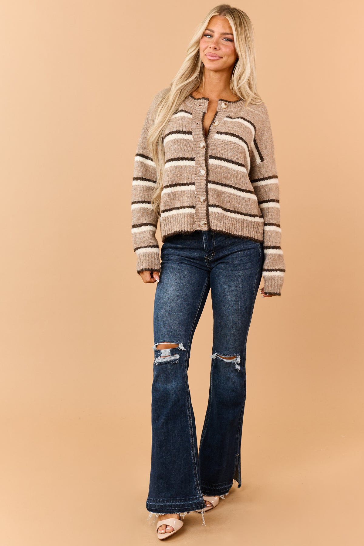 Camel Wool Blend Striped Sweater Cardigan