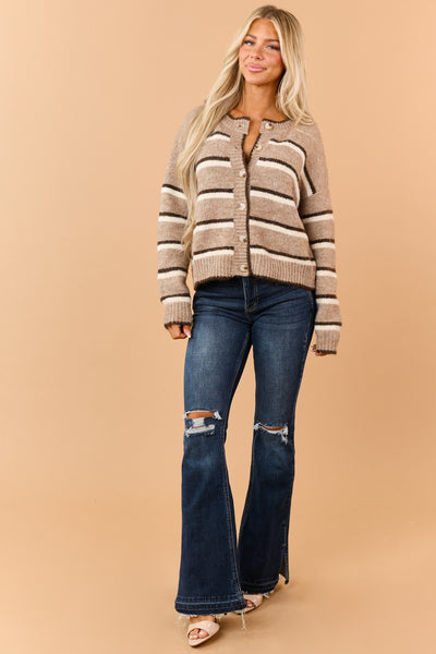 Camel Wool Blend Striped Sweater Cardigan