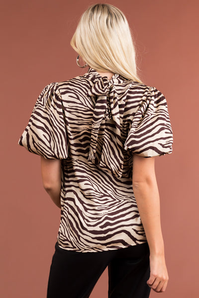 Camel Zebra Print Bubble Sleeve Satin Blouse