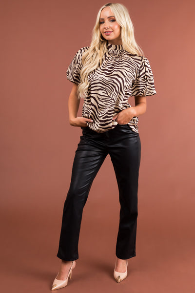 Camel Zebra Print Bubble Sleeve Satin Blouse