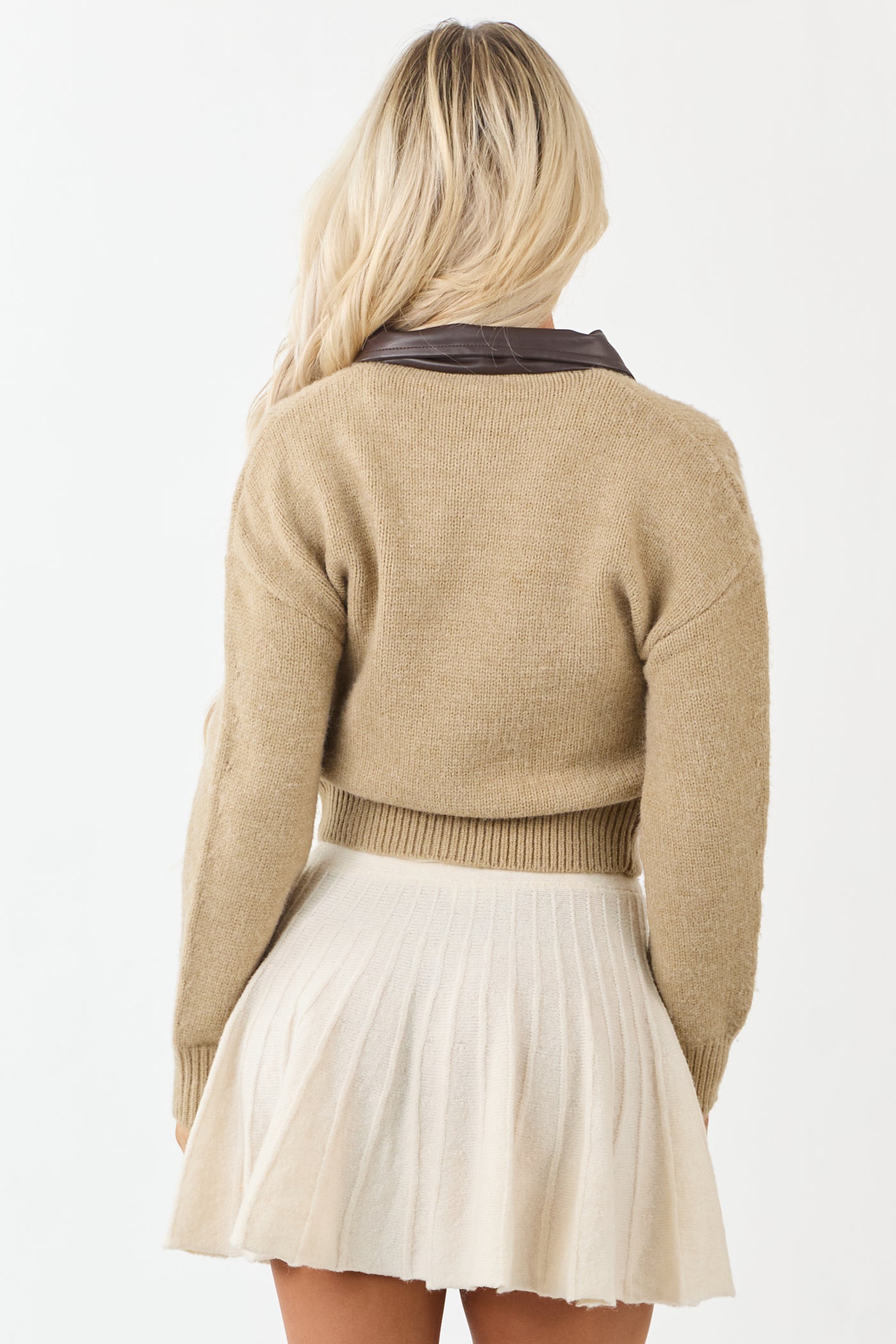 Camel Zip Up Contrast Collared Knit Jacket