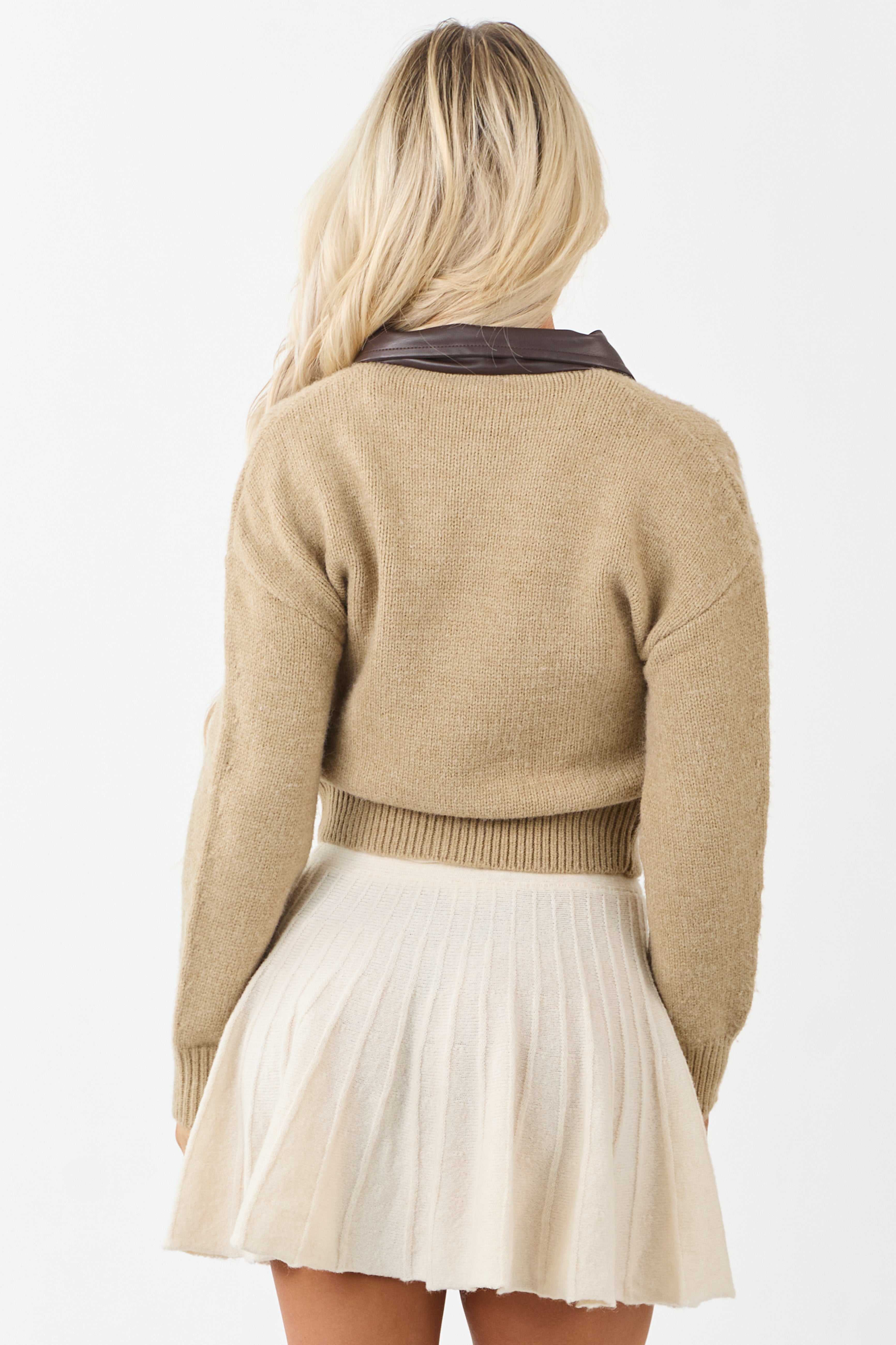 Camel Zip Up Contrast Collared Knit Jacket
