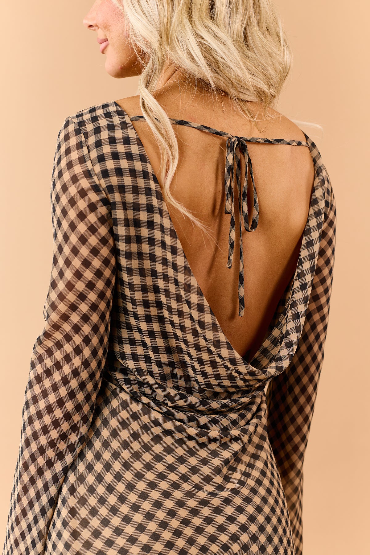 Camel and Black Gingham Flare Sleeve Mini Dress