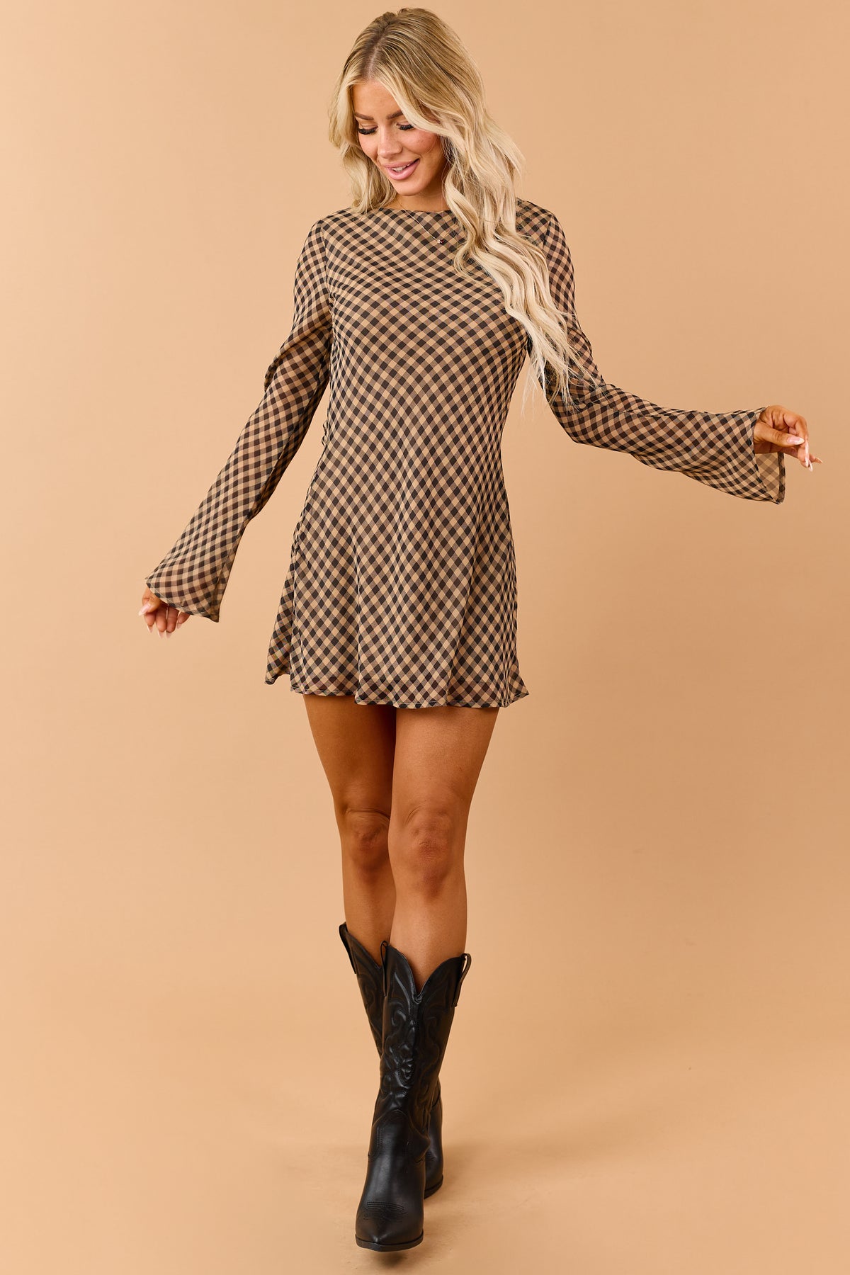 Camel and Black Gingham Flare Sleeve Mini Dress