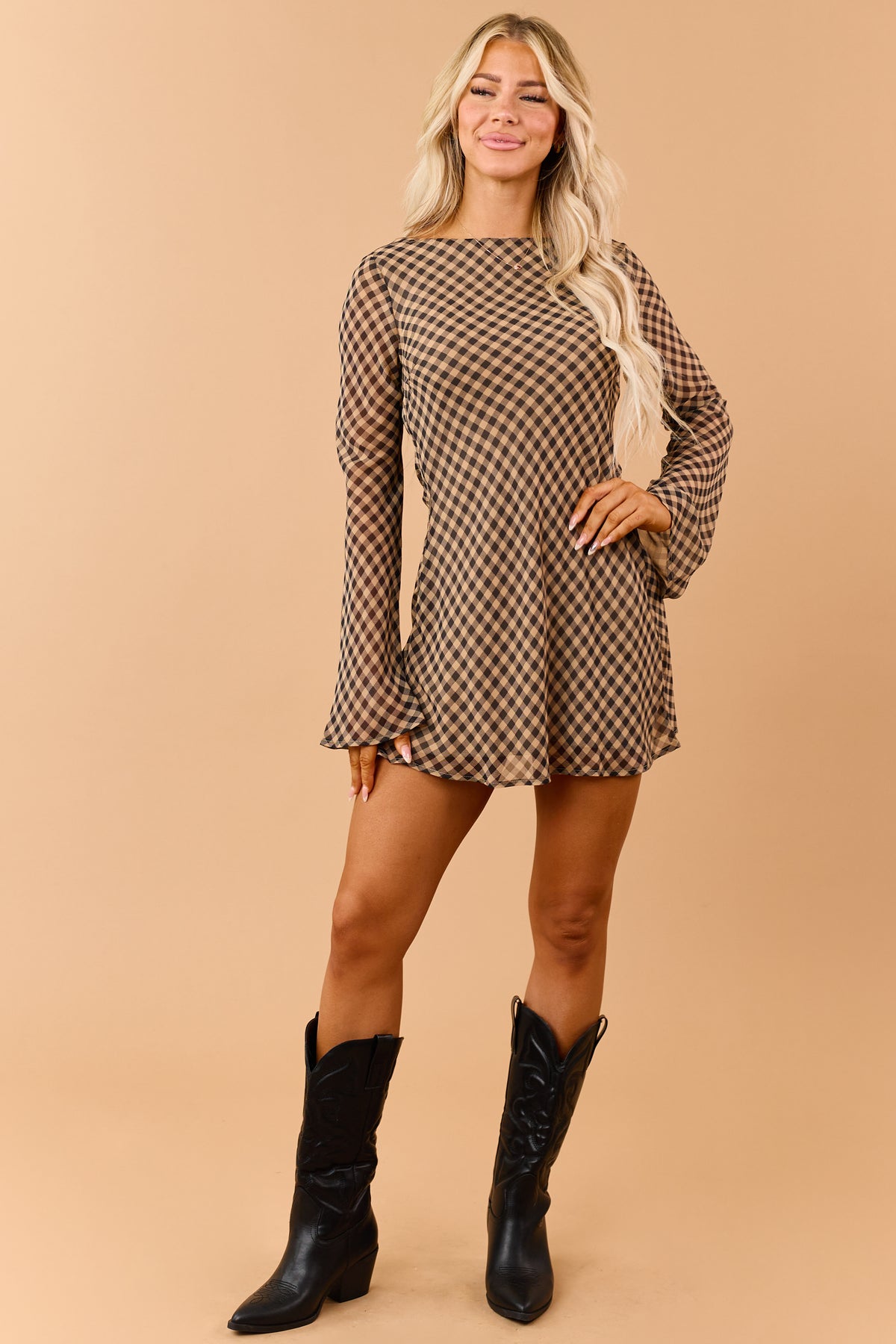 Camel and Black Gingham Flare Sleeve Mini Dress