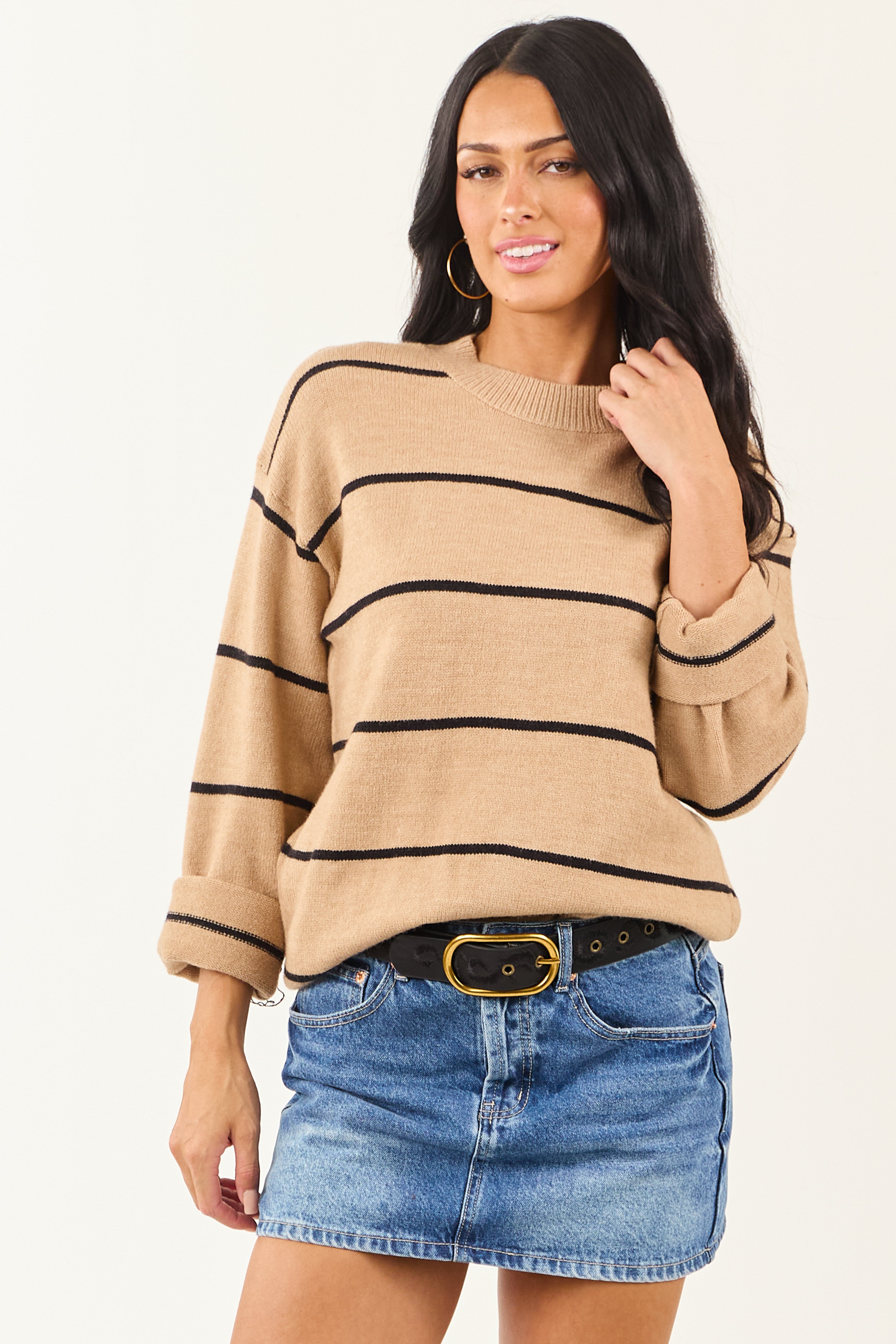 Camel and Black Long Sleeve Striped Sweater