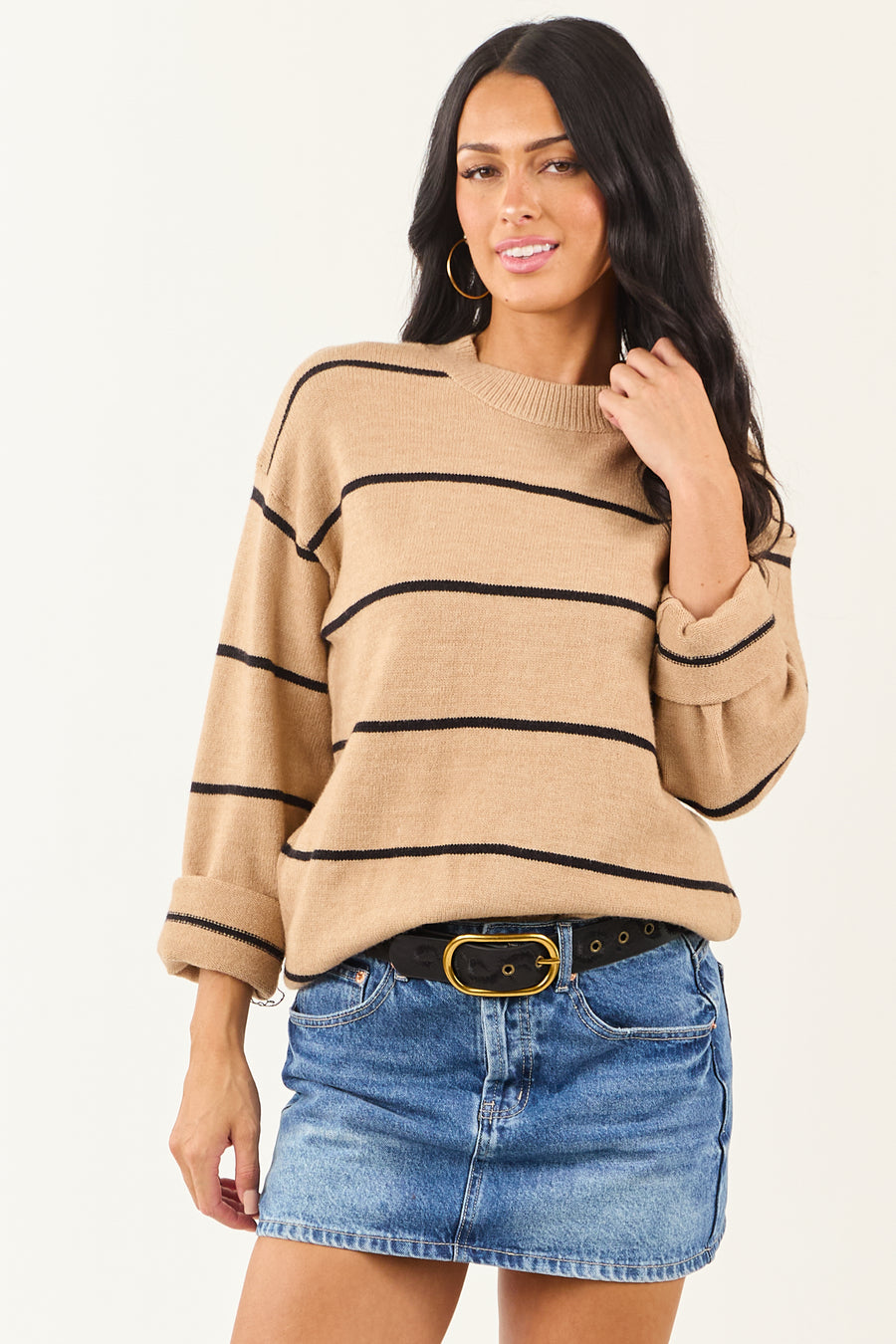 Camel and Black Long Sleeve Striped Sweater