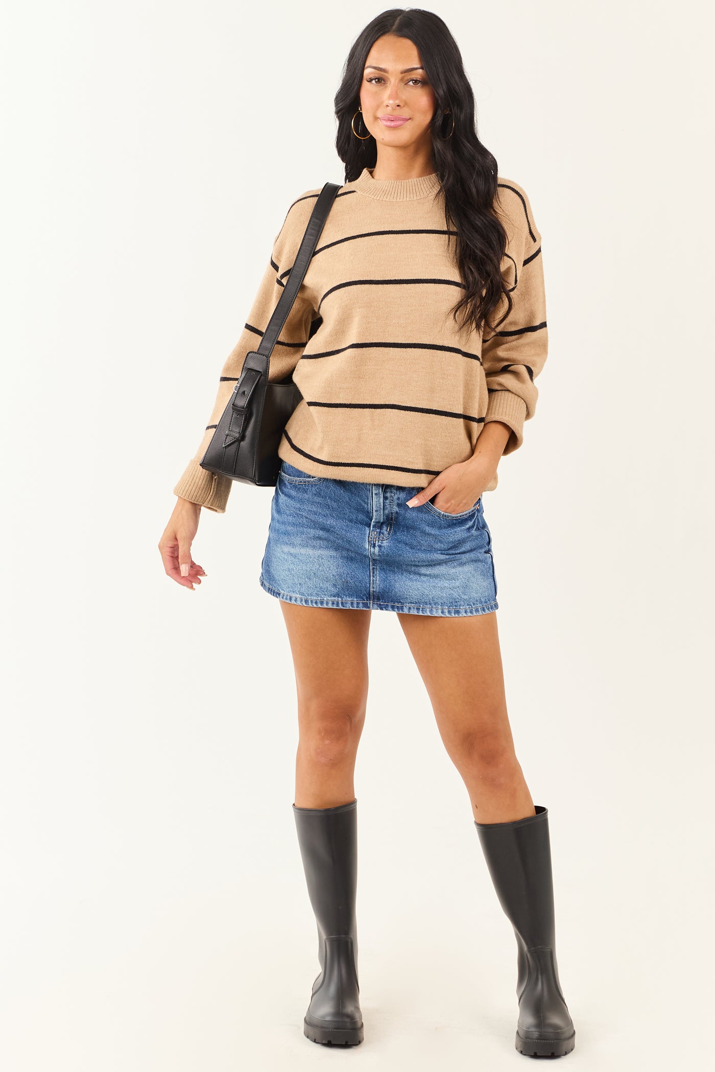 Camel and Black Long Sleeve Striped Sweater