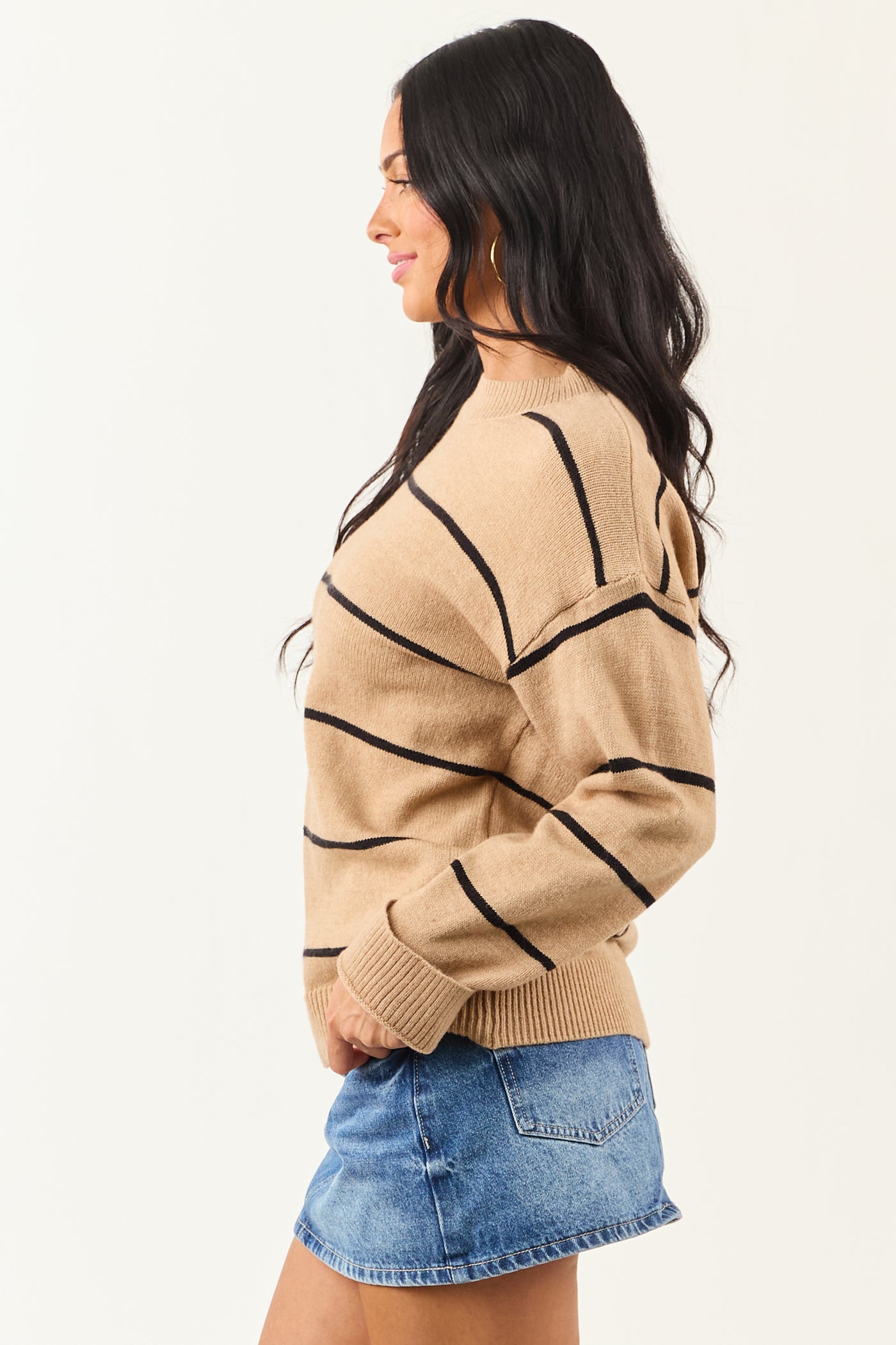 Camel and Black Long Sleeve Striped Sweater