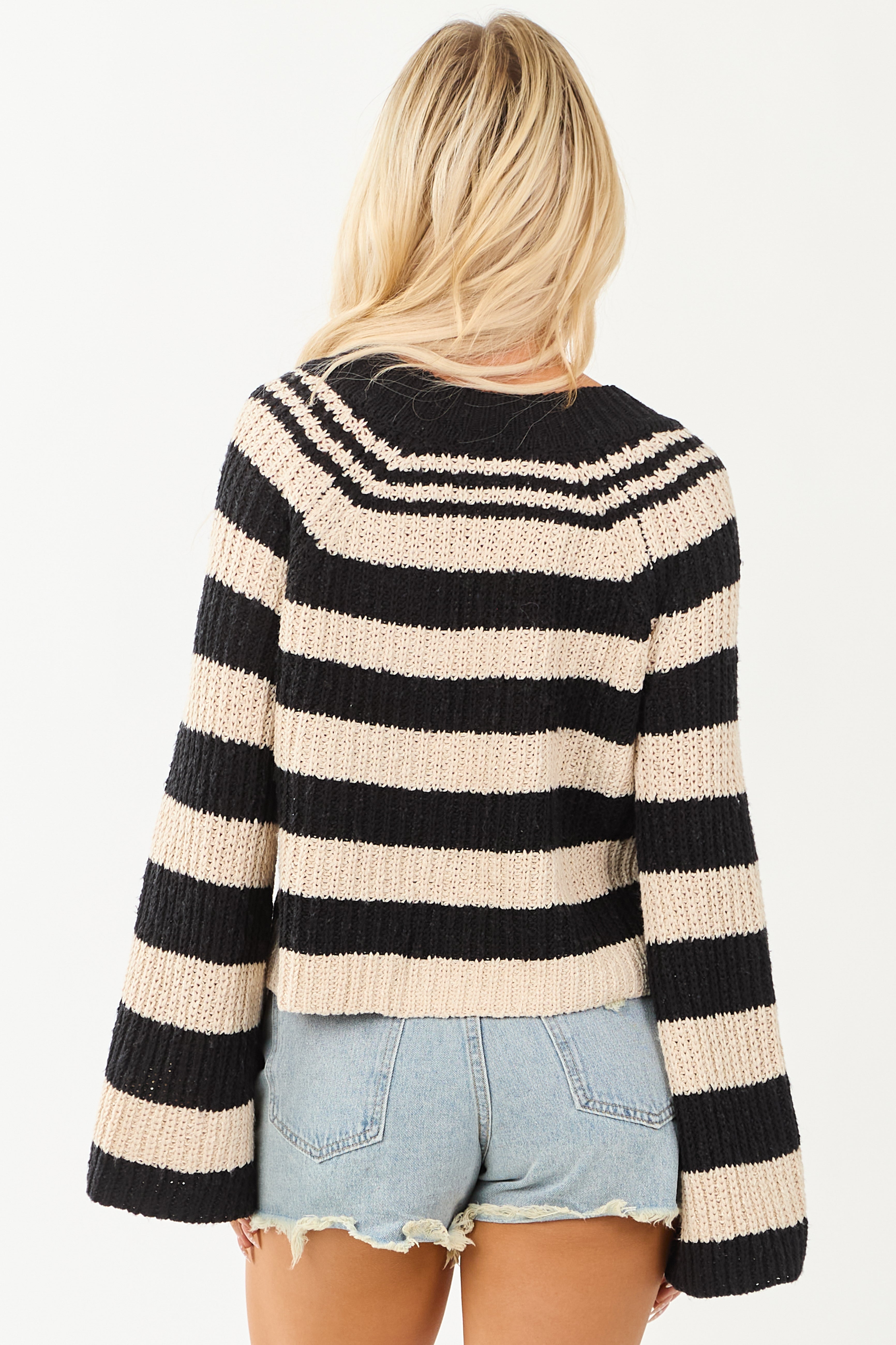 Camel and Black Striped Long Flare Sleeve Sweater