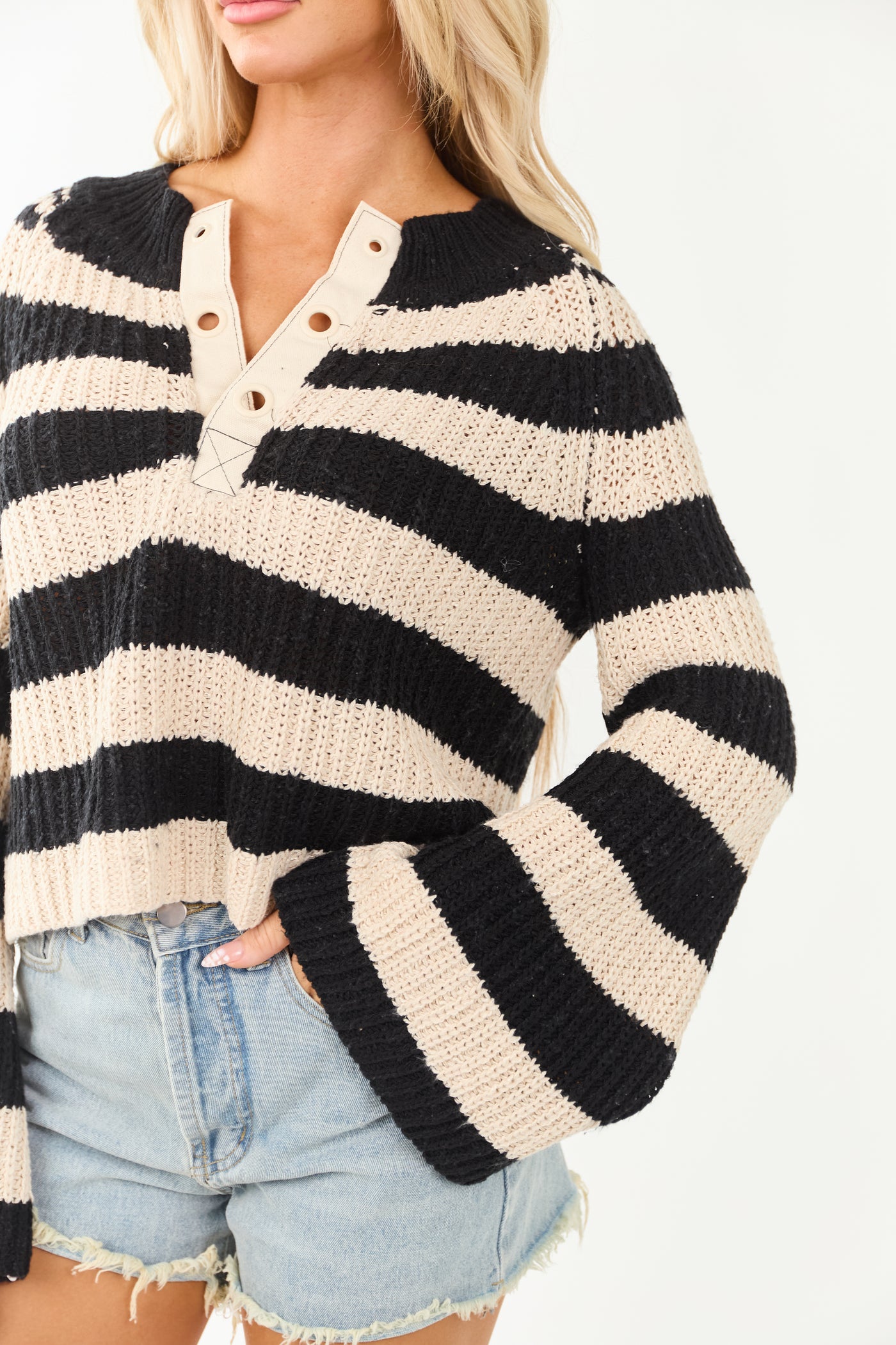 Camel and Black Striped Long Flare Sleeve Sweater