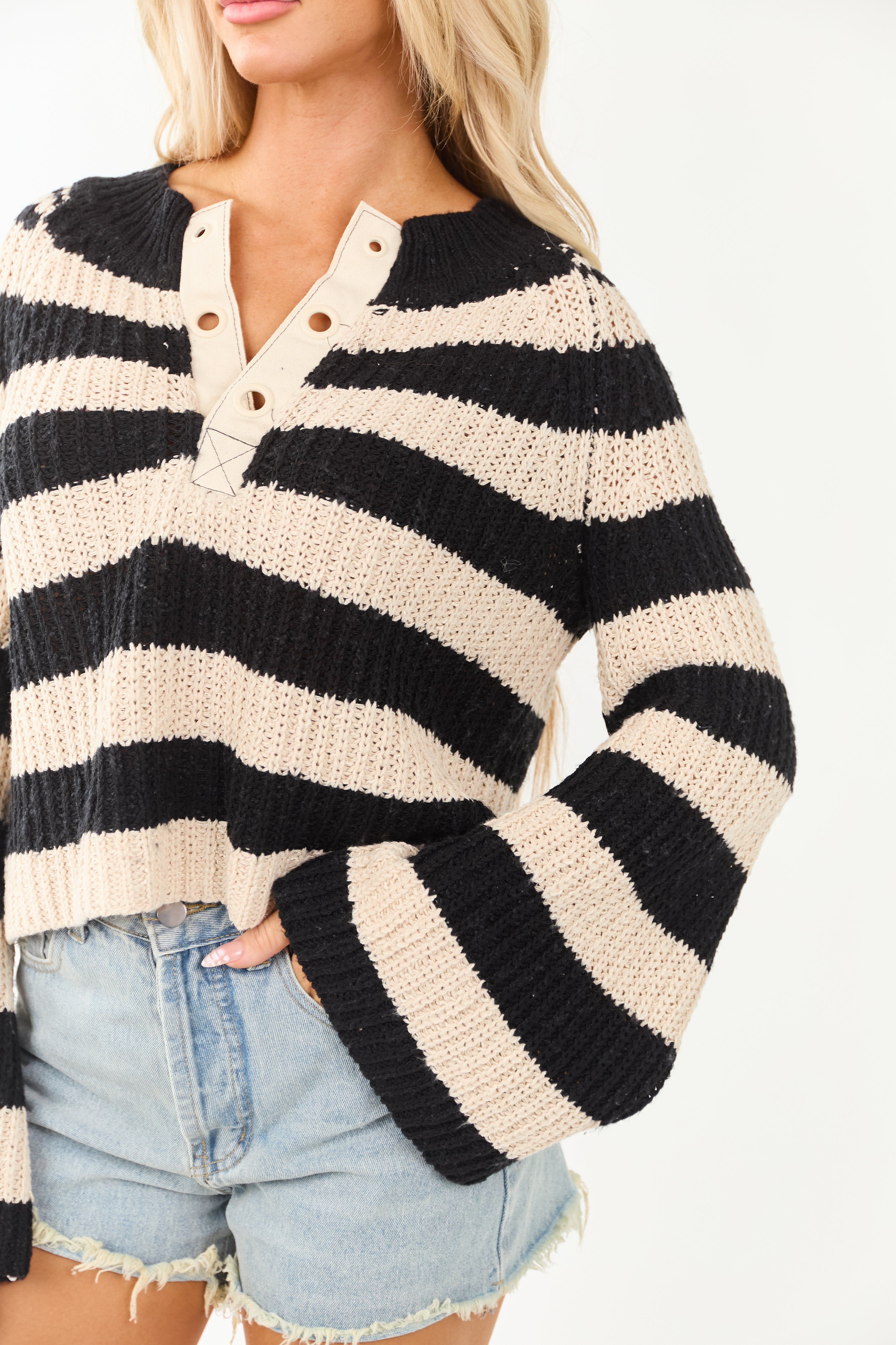 Camel and Black Striped Long Flare Sleeve Sweater