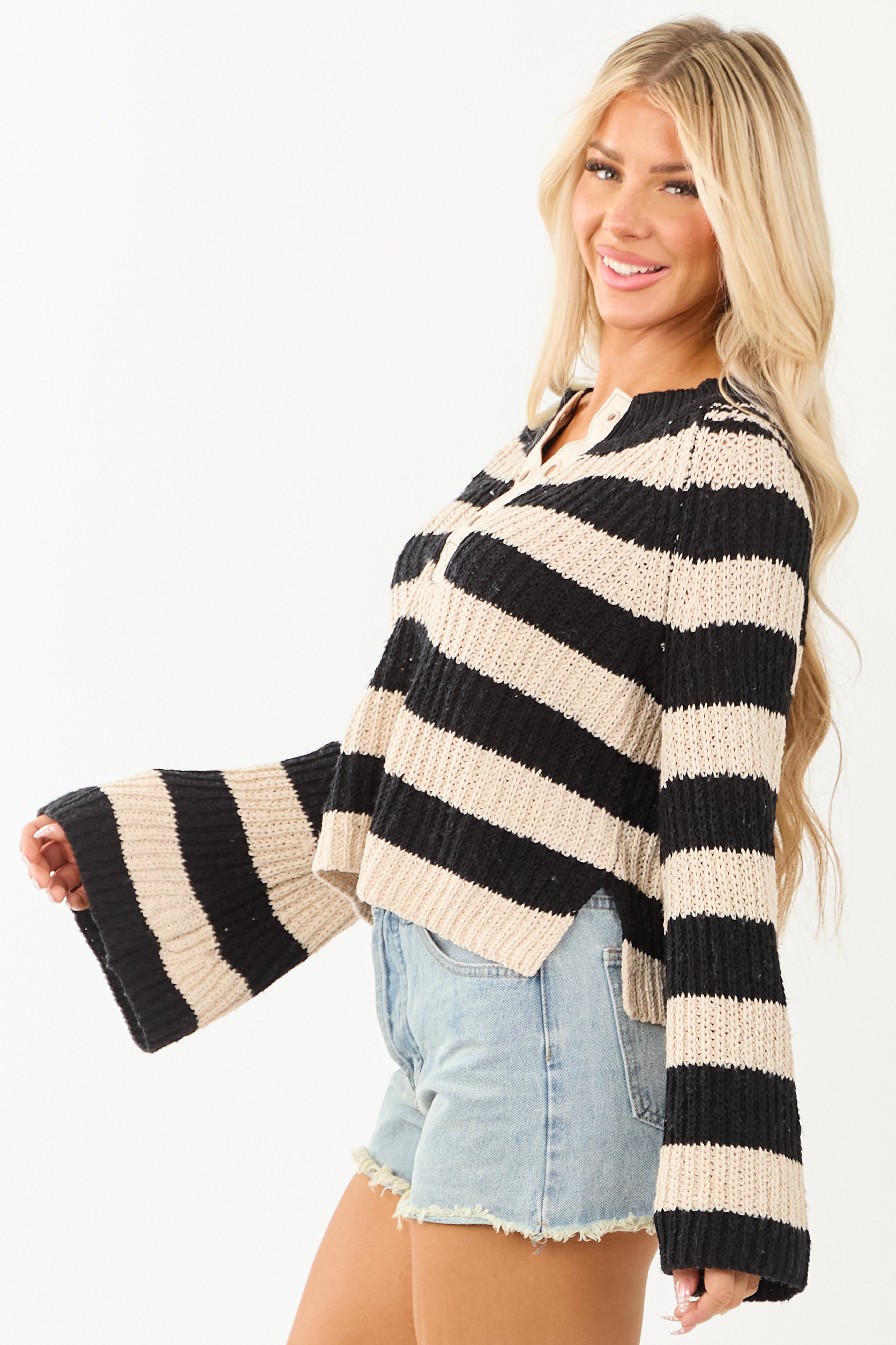 Camel and Black Striped Long Flare Sleeve Sweater