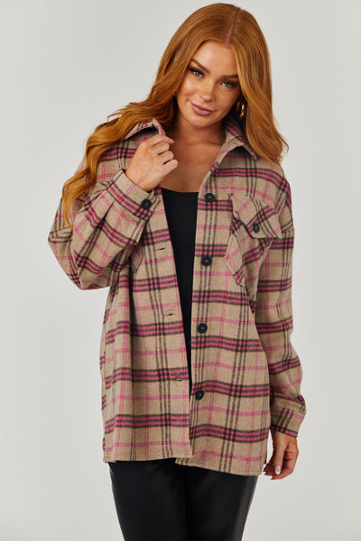Camel and Magenta Plaid Oversized Soft Shacket