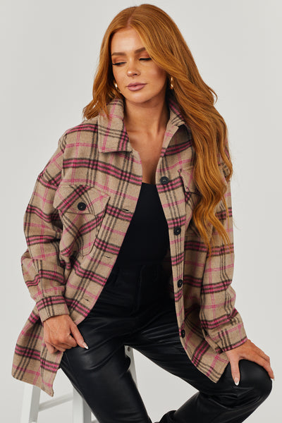 Camel and Magenta Plaid Oversized Soft Shacket