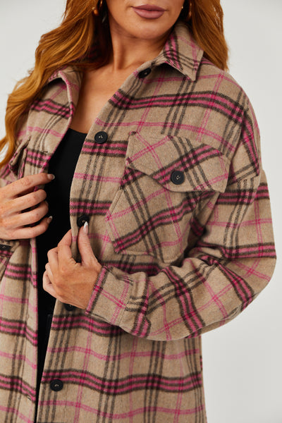 Camel and Magenta Plaid Oversized Soft Shacket