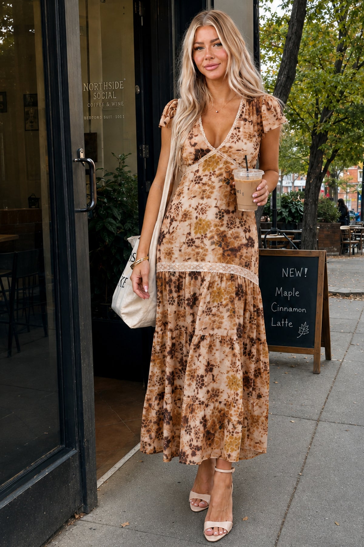 Camel Chiffon Floral Print Lace Trim Maxi Dress