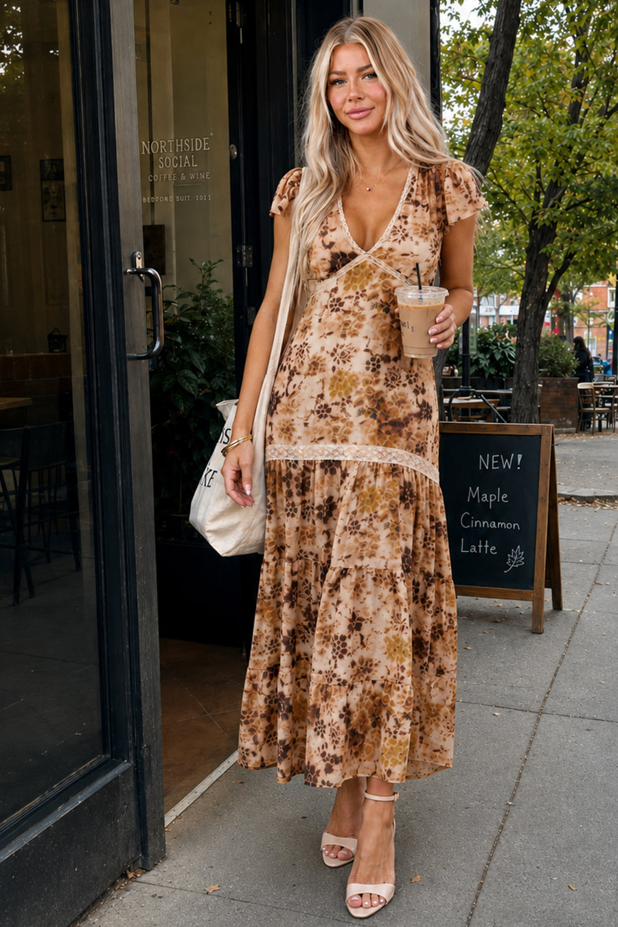 Camel Chiffon Floral Print Lace Trim Maxi Dress