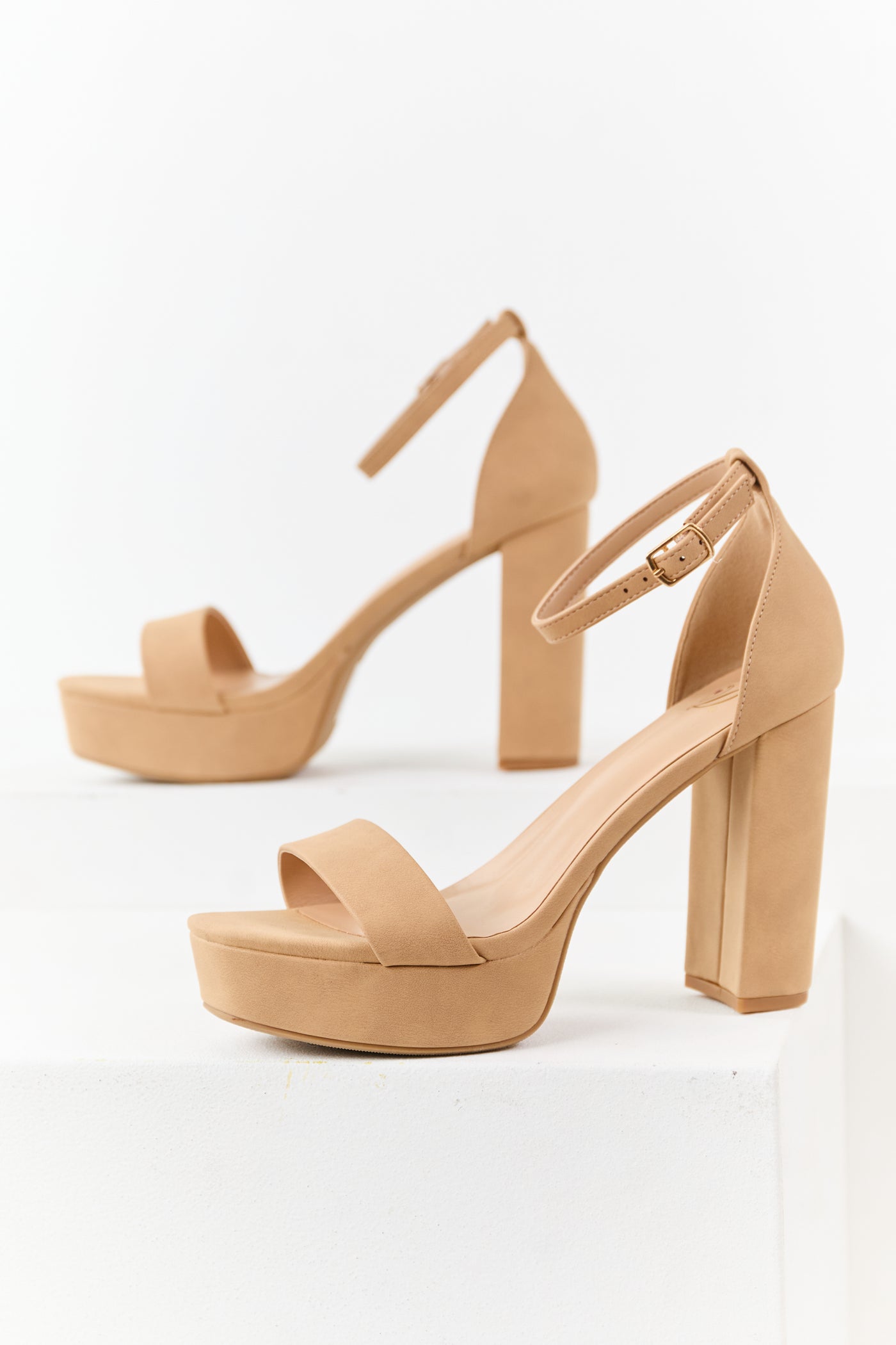 Camel Faux Leather Ankle Strap Platform Heels