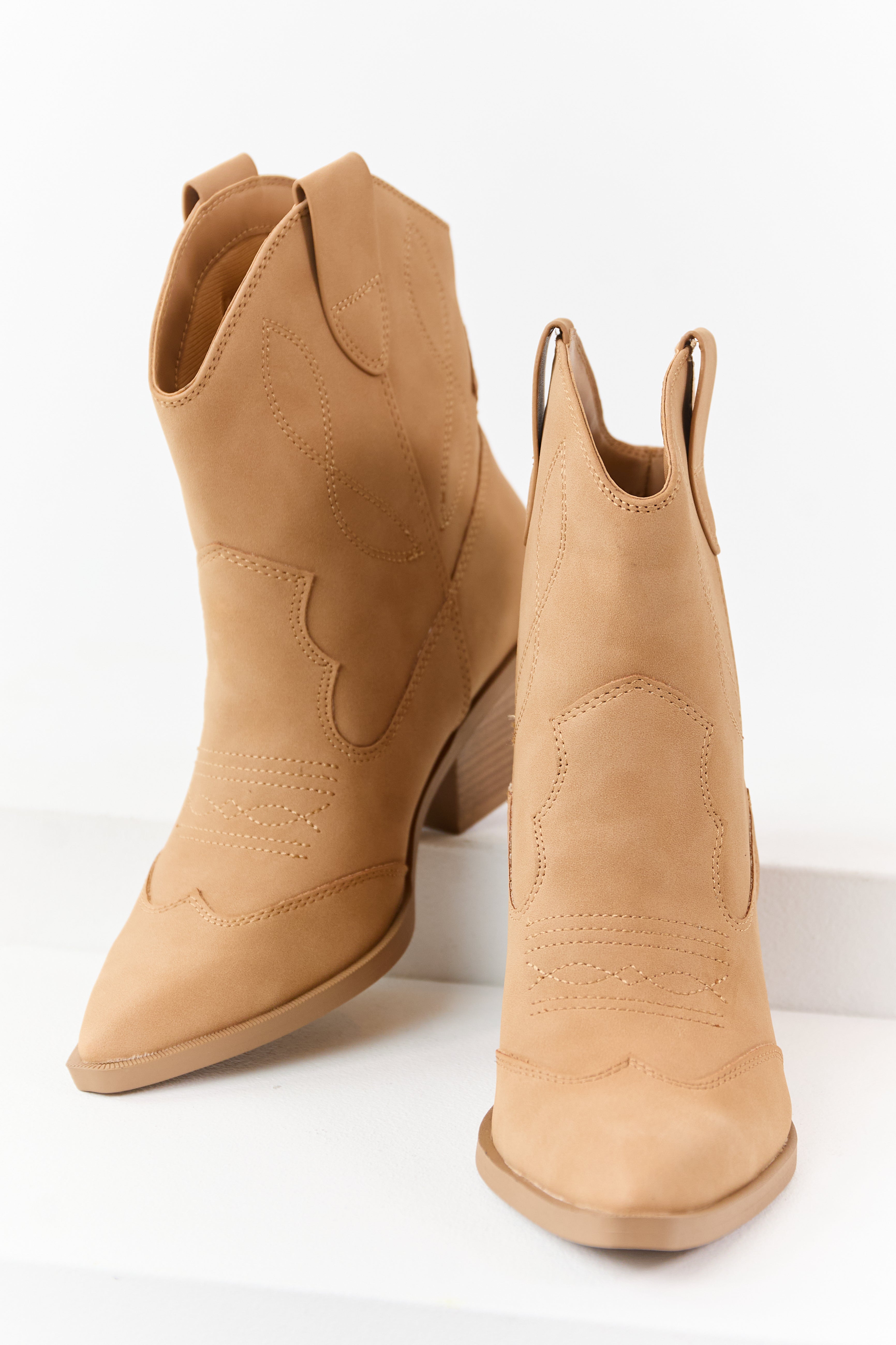 Camel Faux Leather Western Style Short Boots | Lime Lush Boutique