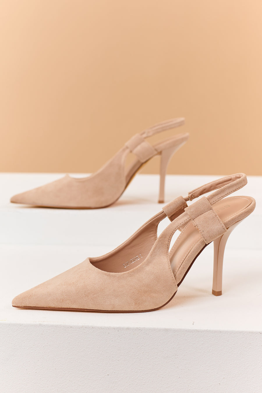 Camel Faux Suede Pointed Toe Sling Back Heels