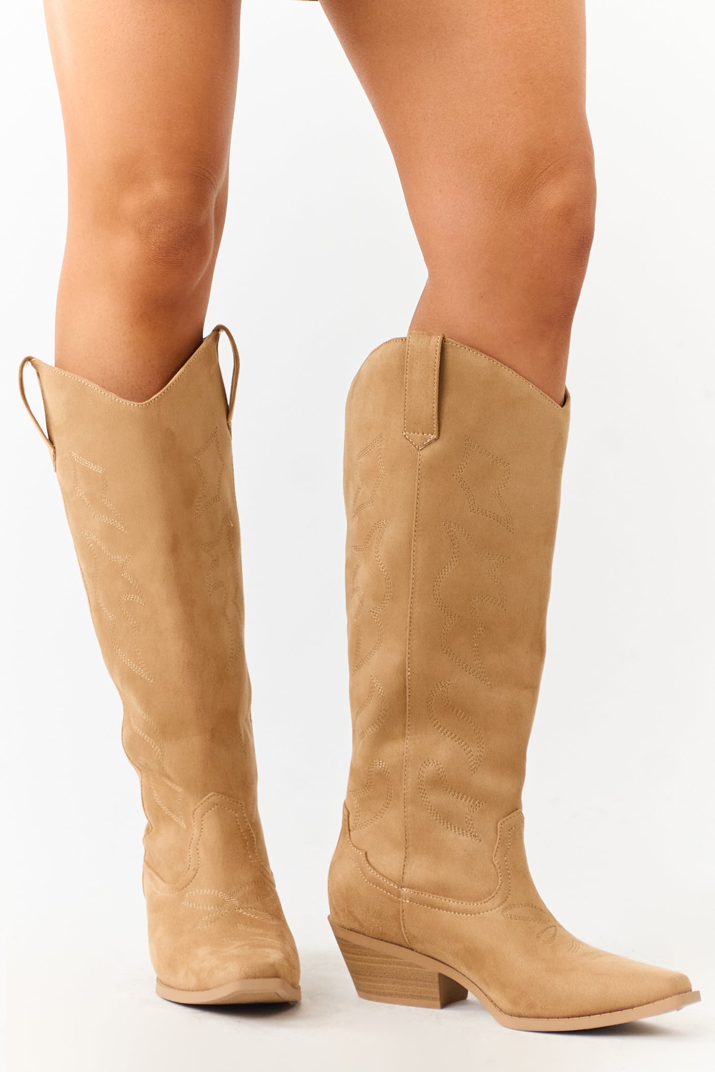 Camel Faux Suede Western Embroidered Tall Boots