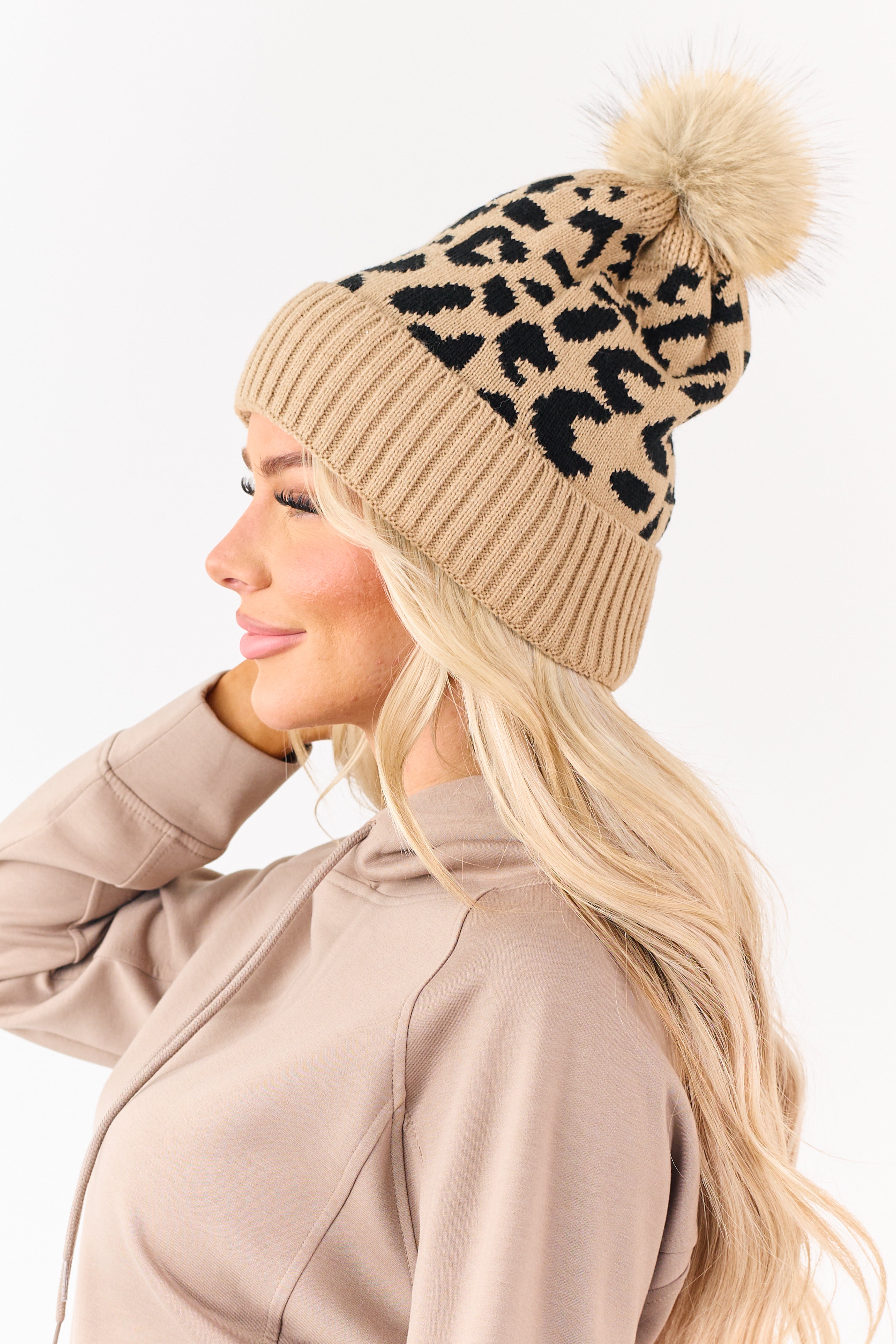 Camel Leopard Pattern Rib Knit Pom Pom Beanie
