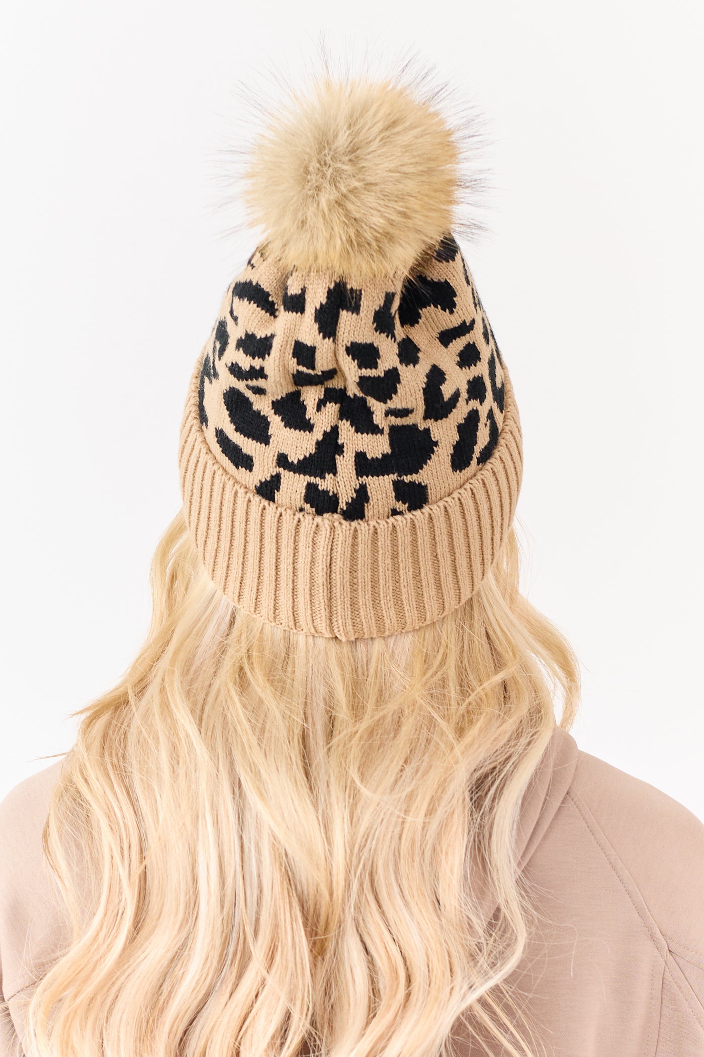 Camel Leopard Pattern Rib Knit Pom Pom Beanie