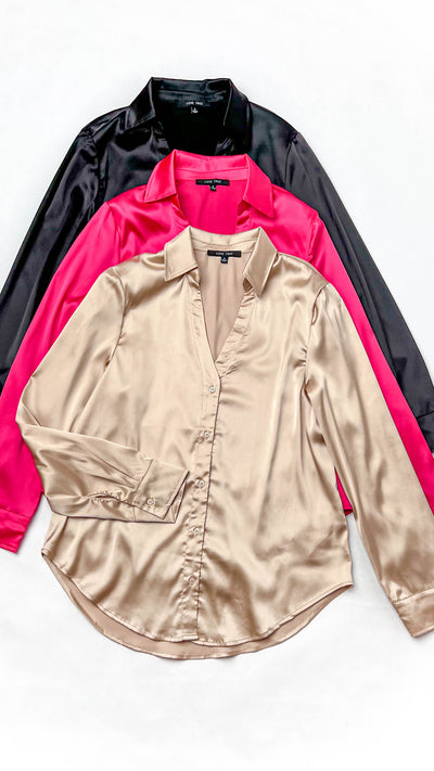 Camel Satin V Neck Button Down Blouse