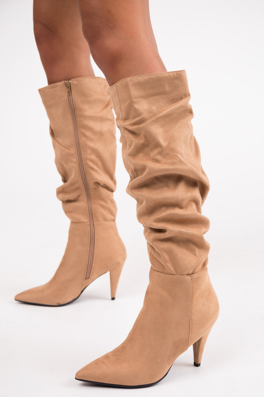 Camel Slouchy Side Zip Up Pointed Heel Boots
