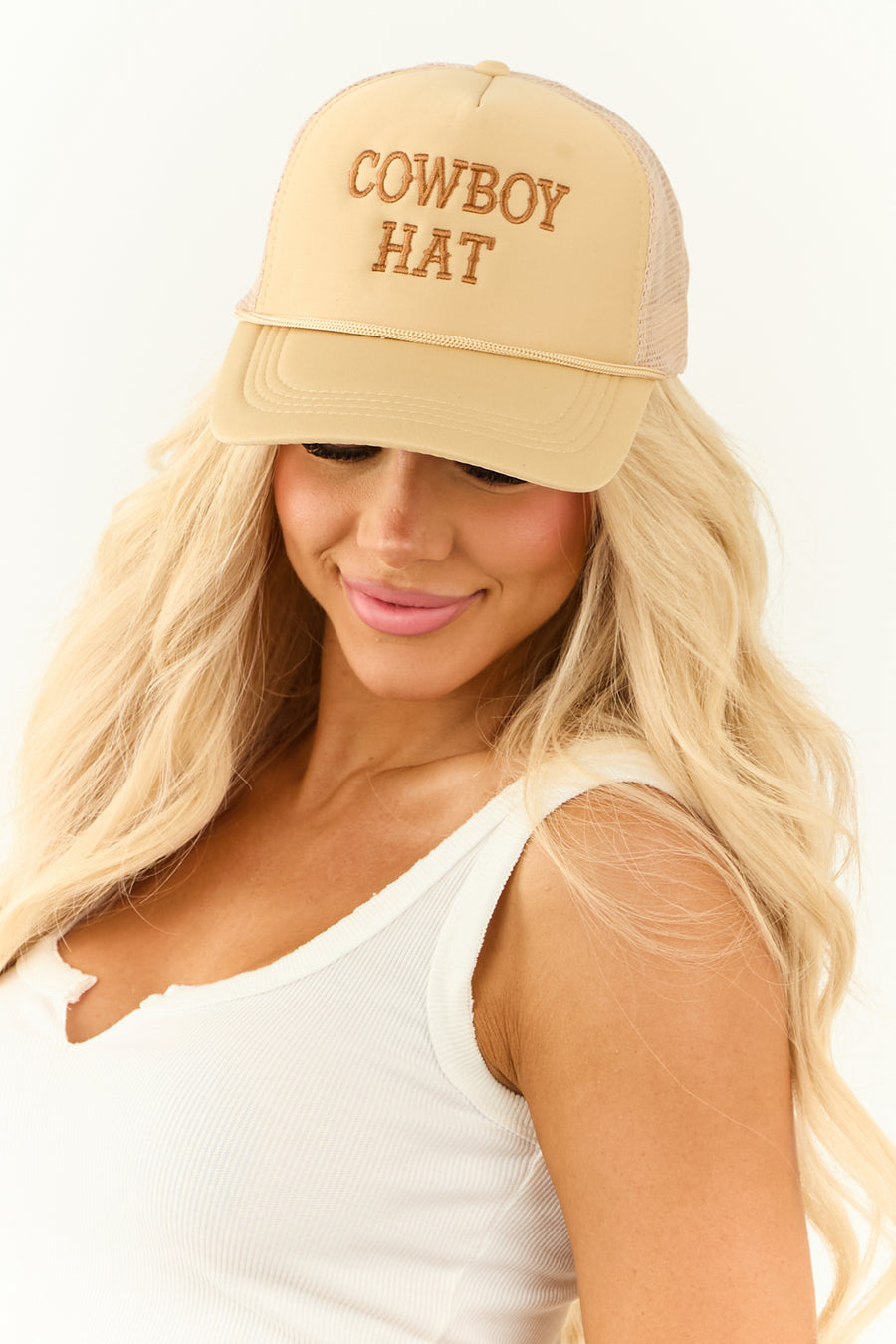Camel 'Cowboy Hat' Embroidered Mesh Back Trucker Cap