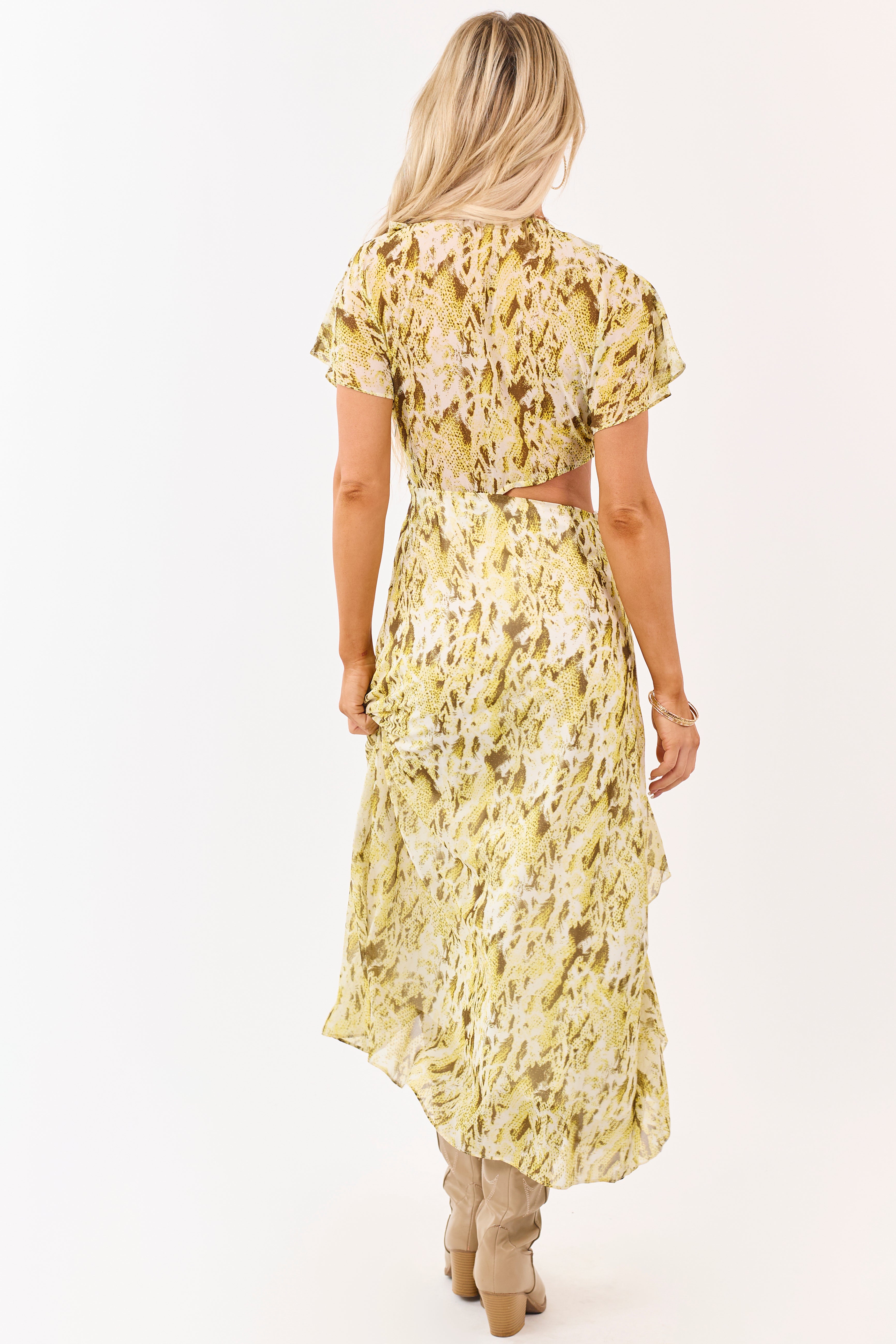 Canary Yellow Abstract Print Ruffle Chiffon Midi Dress