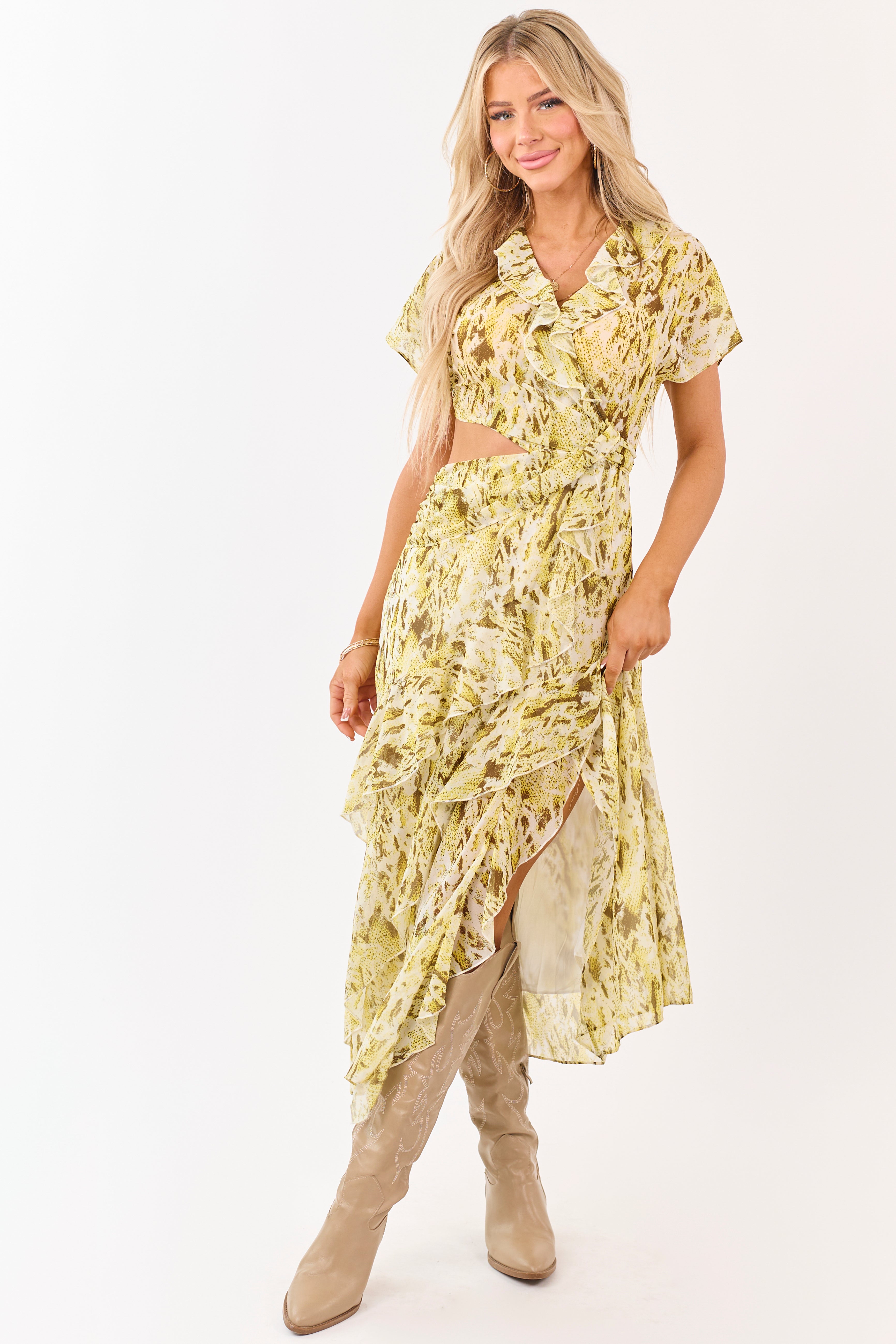 Canary Yellow Abstract Print Ruffle Chiffon Midi Dress