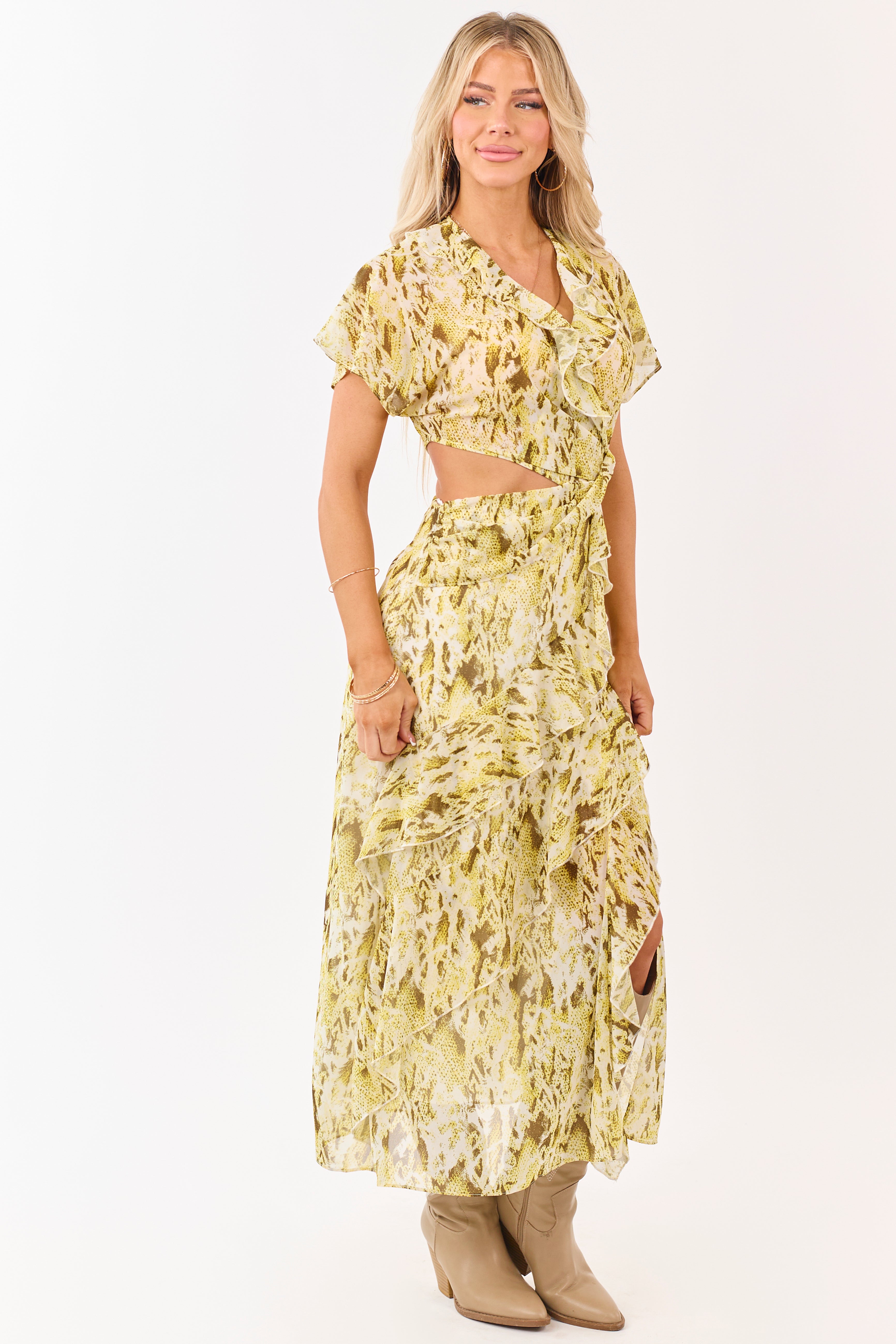 Canary Yellow Abstract Print Ruffle Chiffon Midi Dress