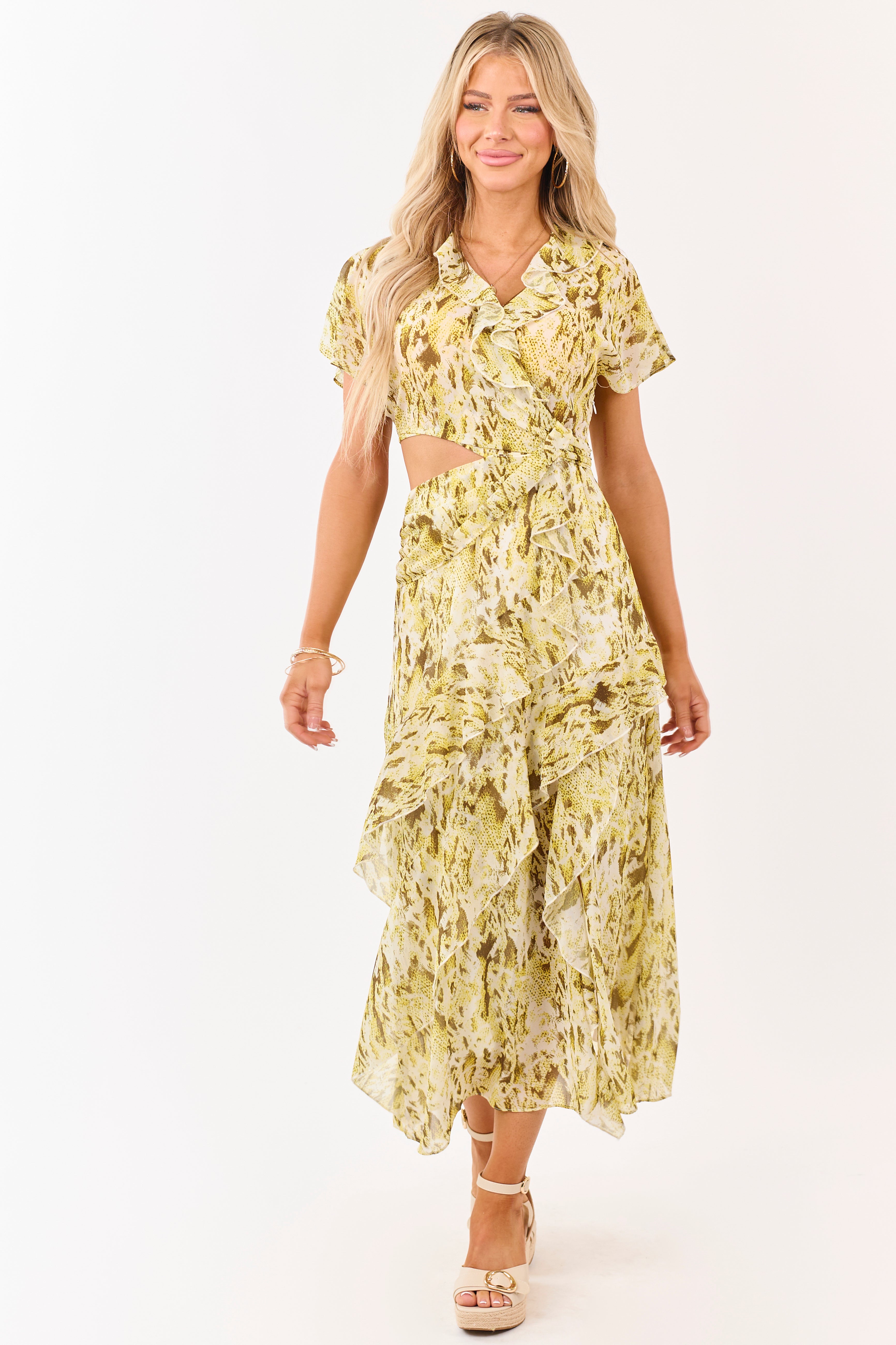 Canary Yellow Abstract Print Ruffle Chiffon Midi Dress
