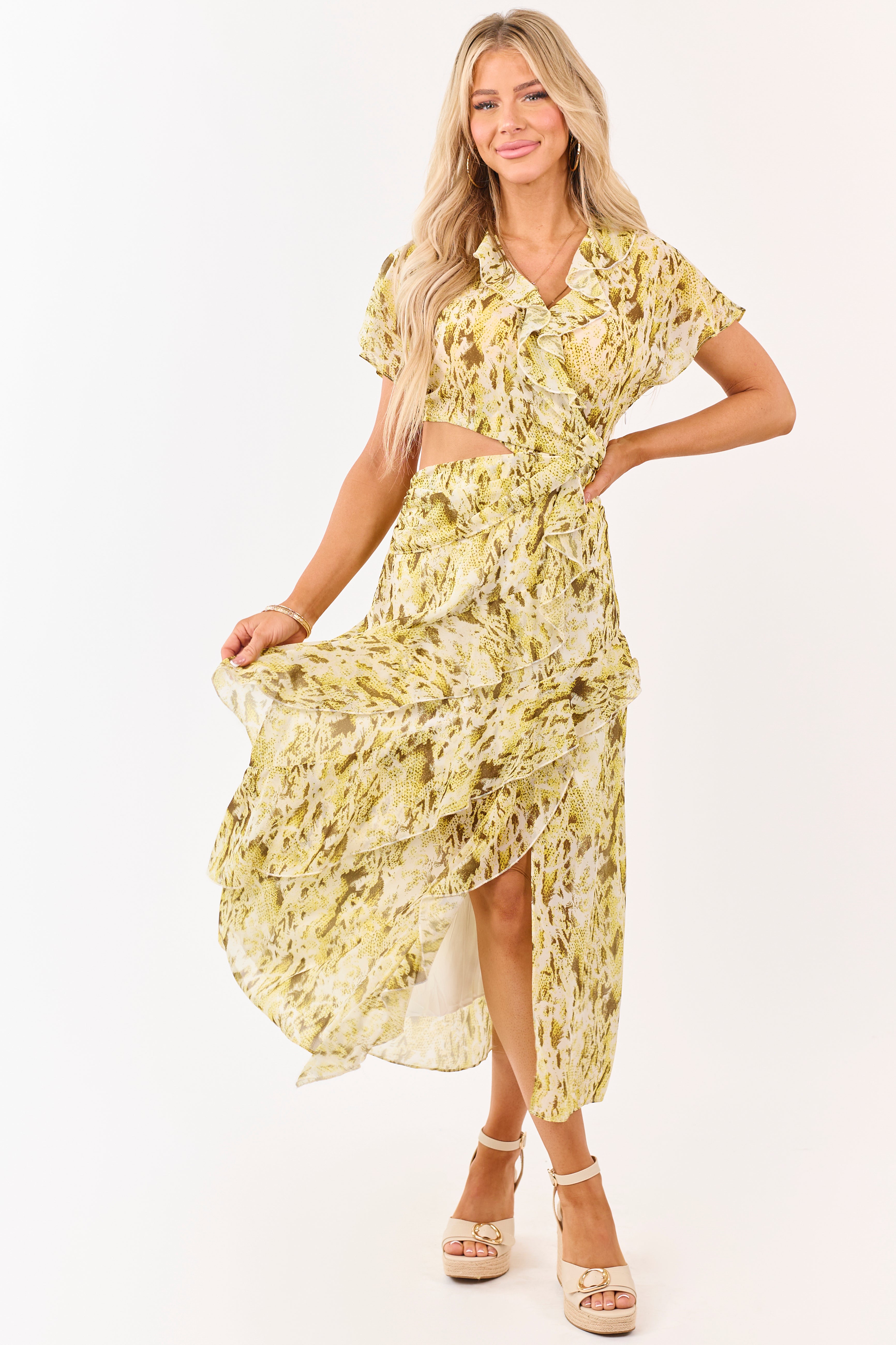 Canary Yellow Abstract Print Ruffle Chiffon Midi Dress