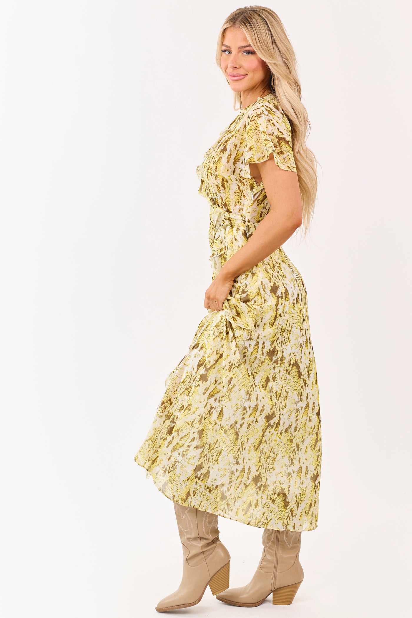 Canary Yellow Abstract Print Ruffle Chiffon Midi Dress