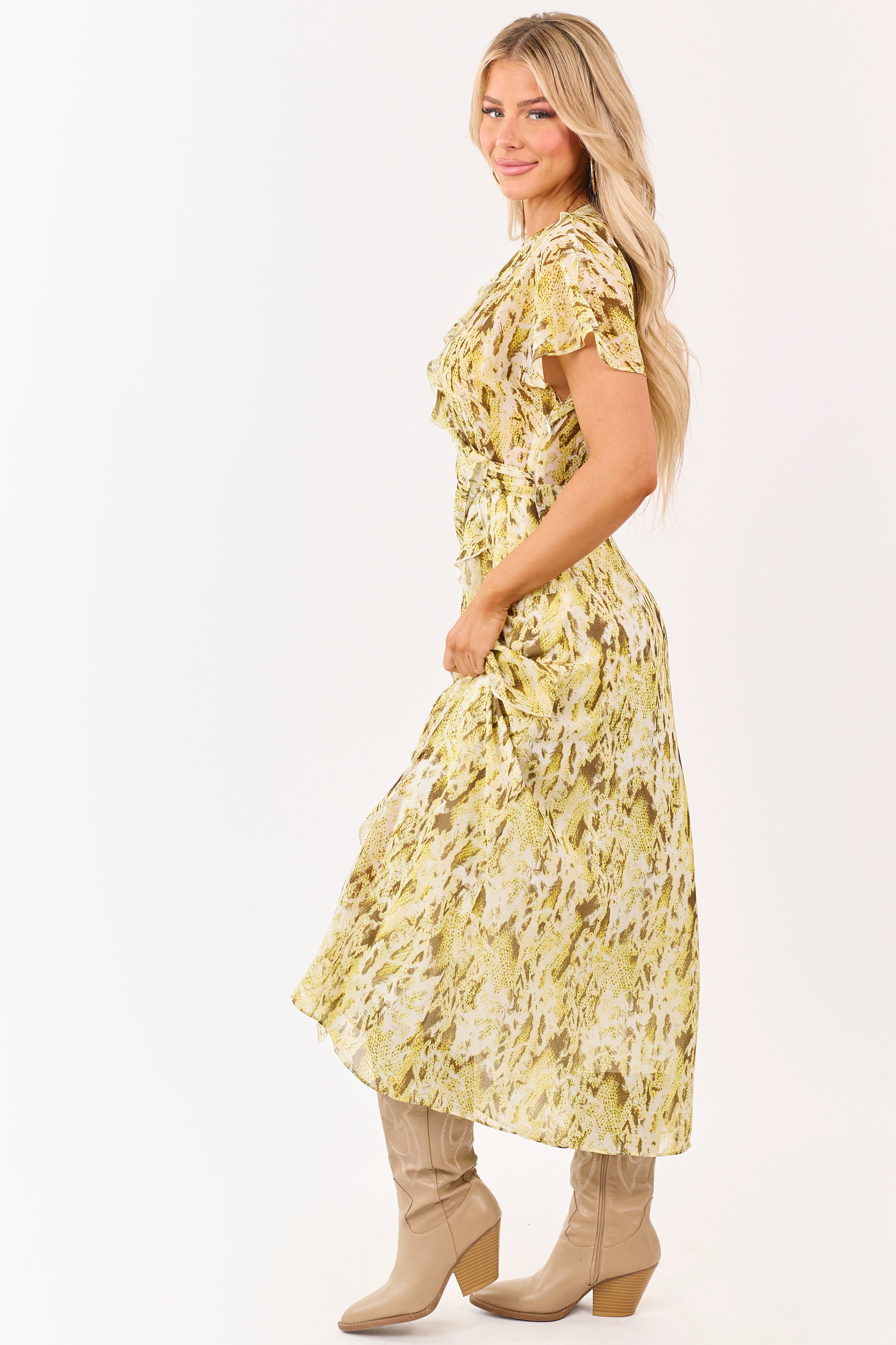 Canary Yellow Abstract Print Ruffle Chiffon Midi Dress