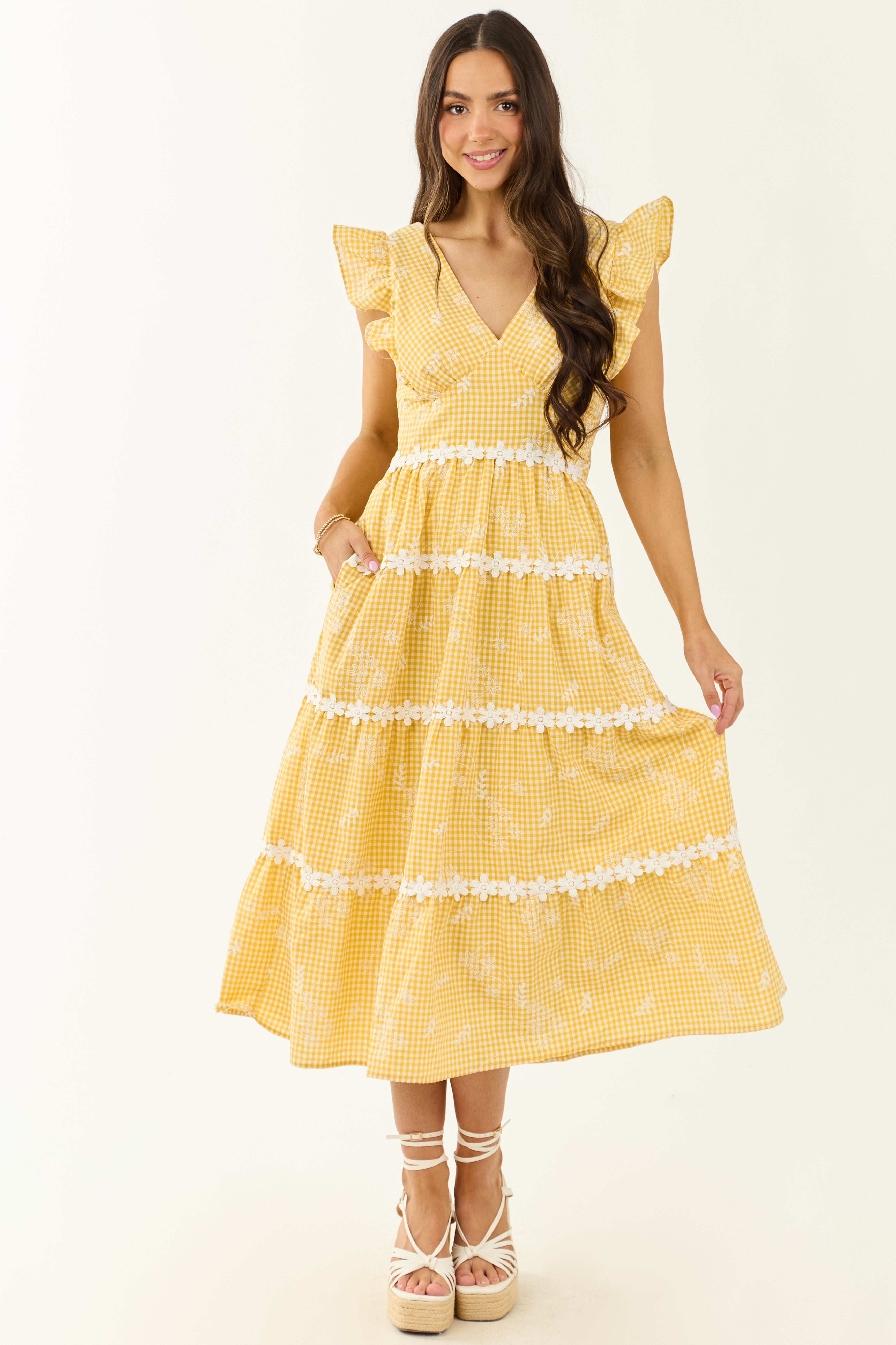 Canary Yellow Gingham Floral Embroidery Midi Dress