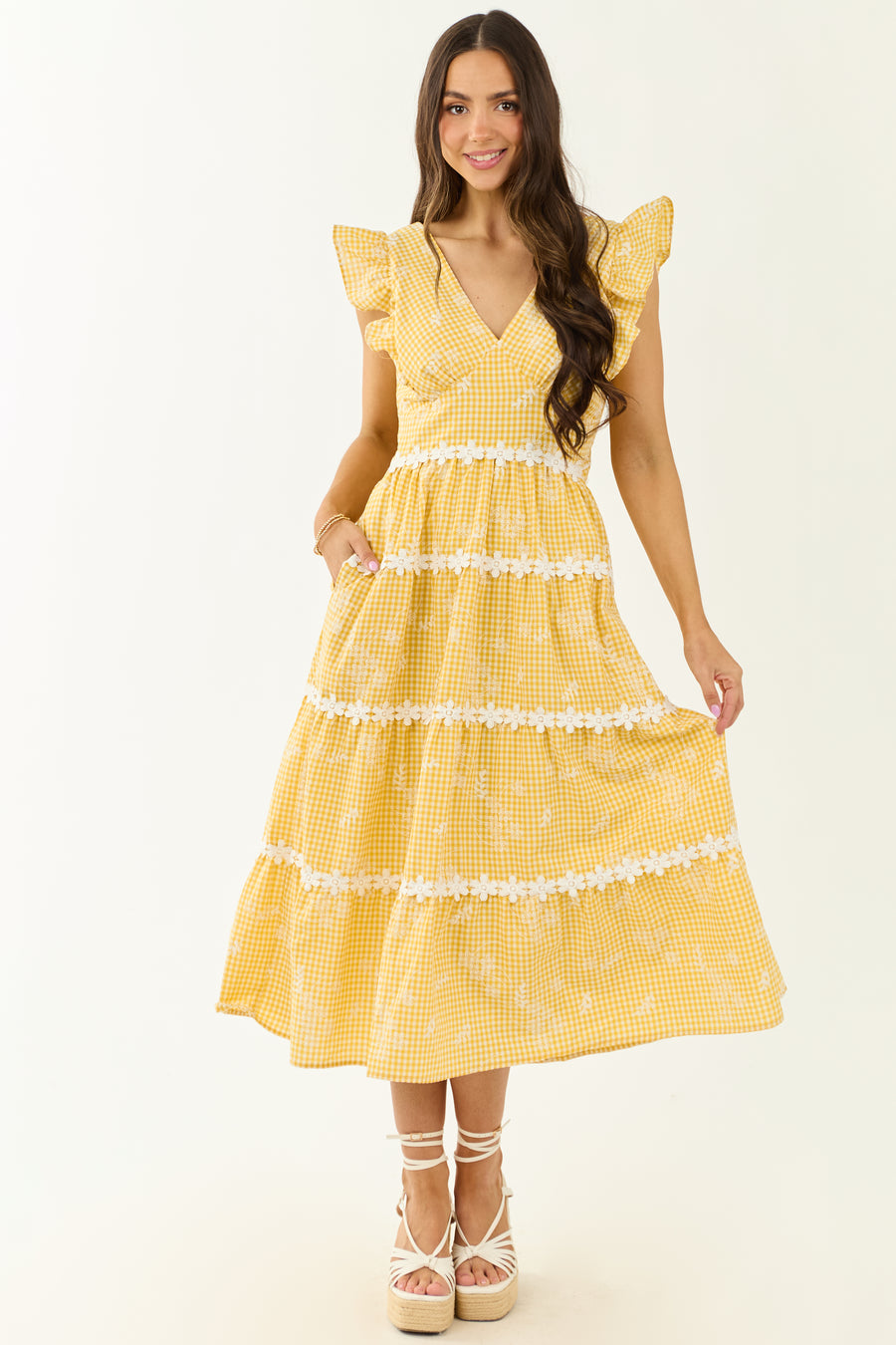 Canary Yellow Gingham Floral Embroidery Midi Dress