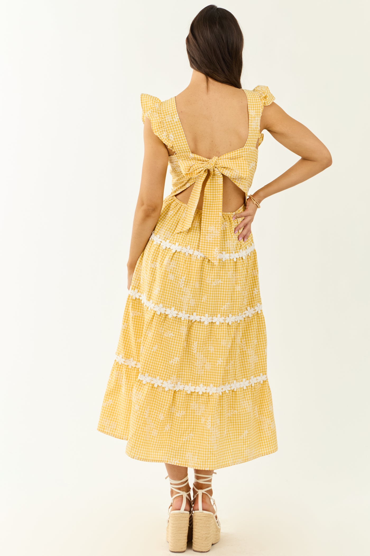 Canary Yellow Gingham Floral Embroidery Midi Dress