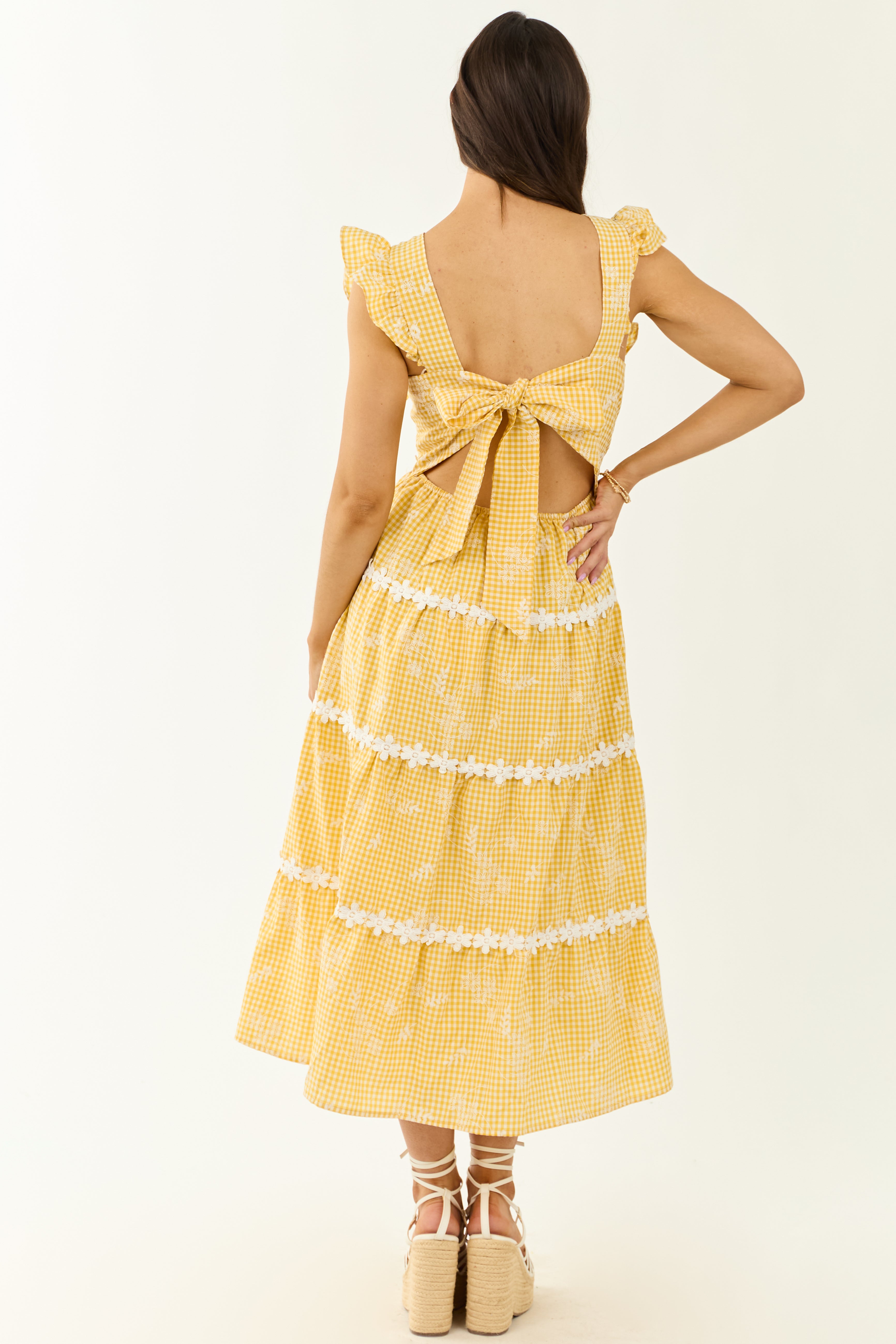 Canary Yellow Gingham Floral Embroidery Midi Dress