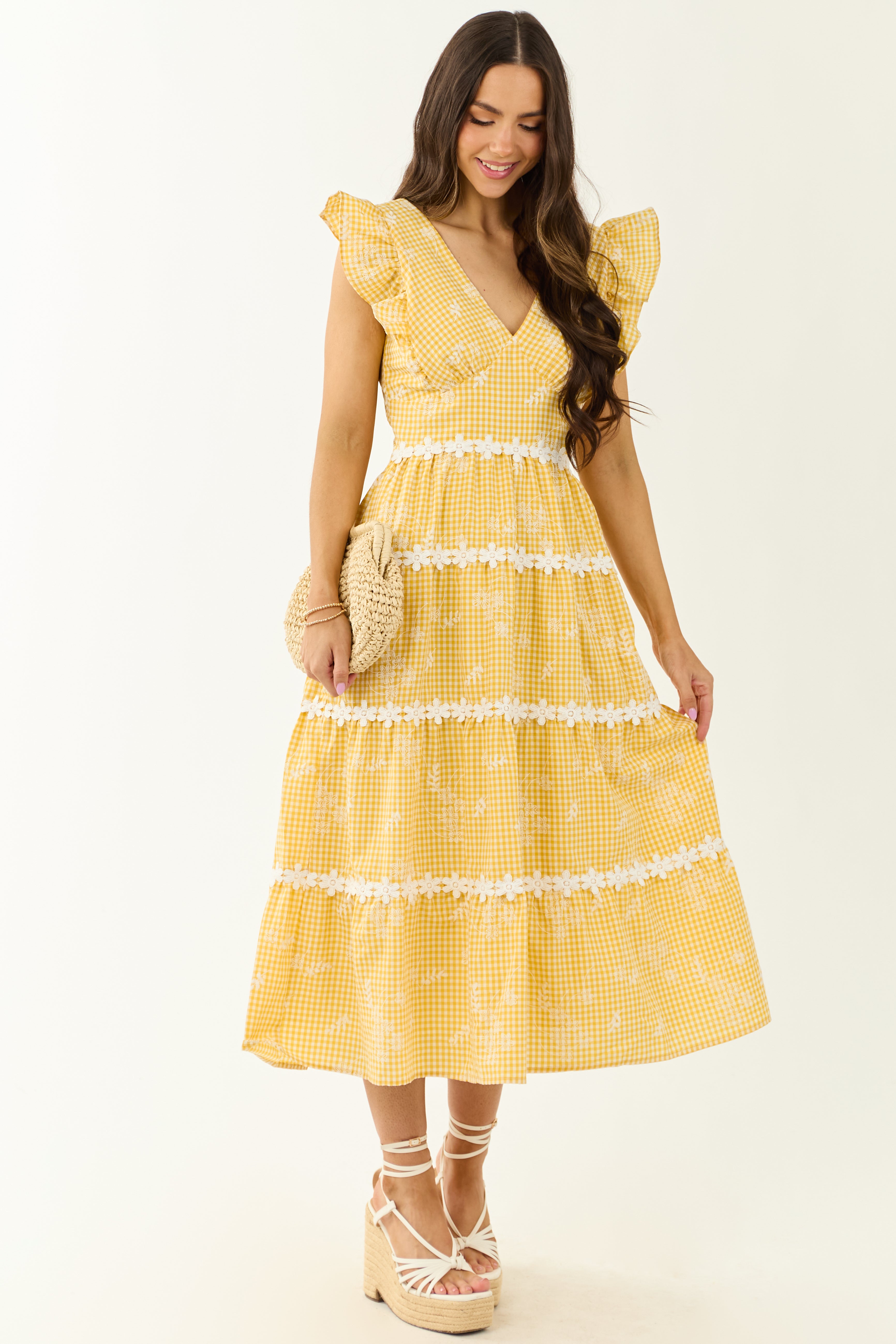 Canary Yellow Gingham Floral Embroidery Midi Dress