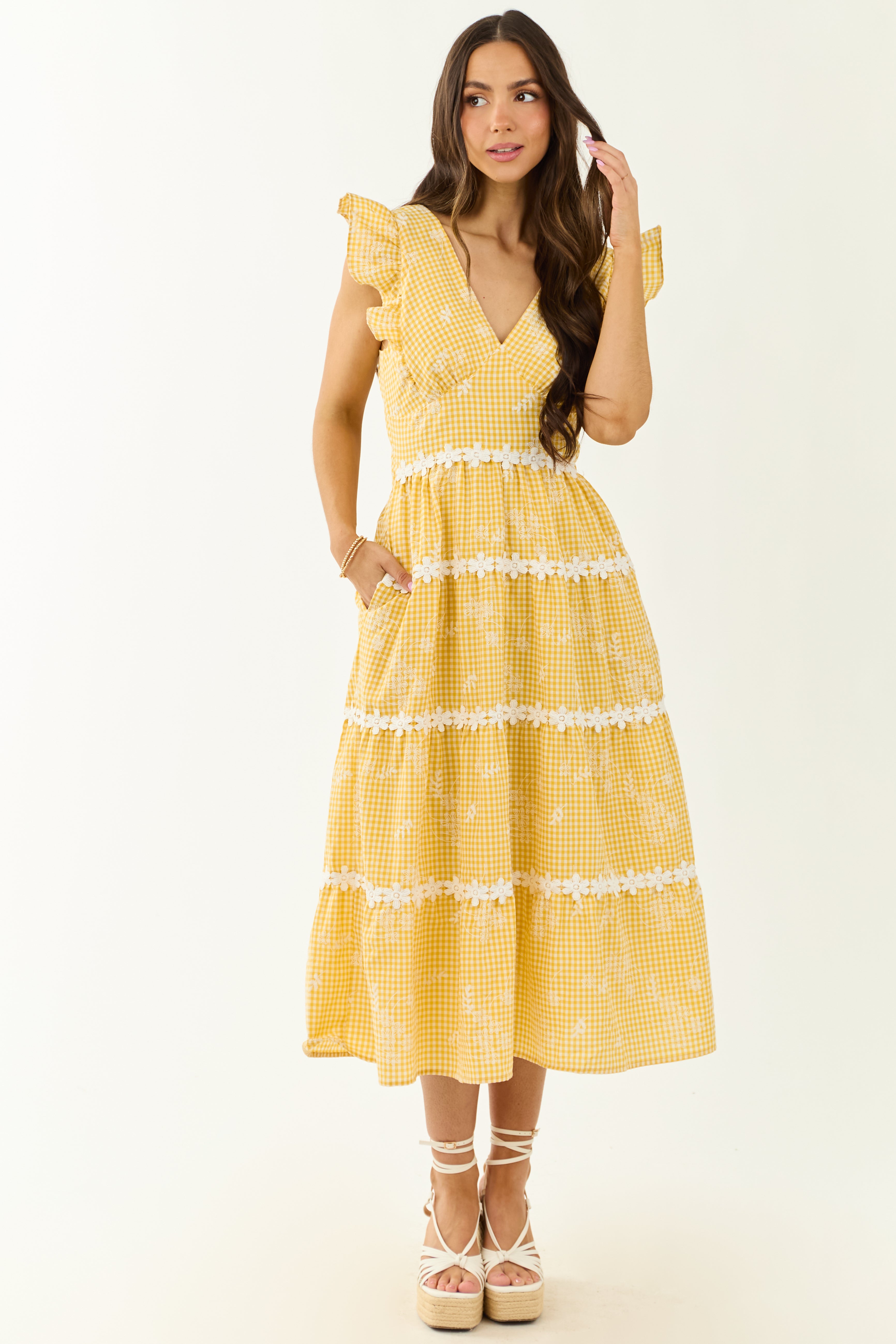 Canary Yellow Gingham Floral Embroidery Midi Dress