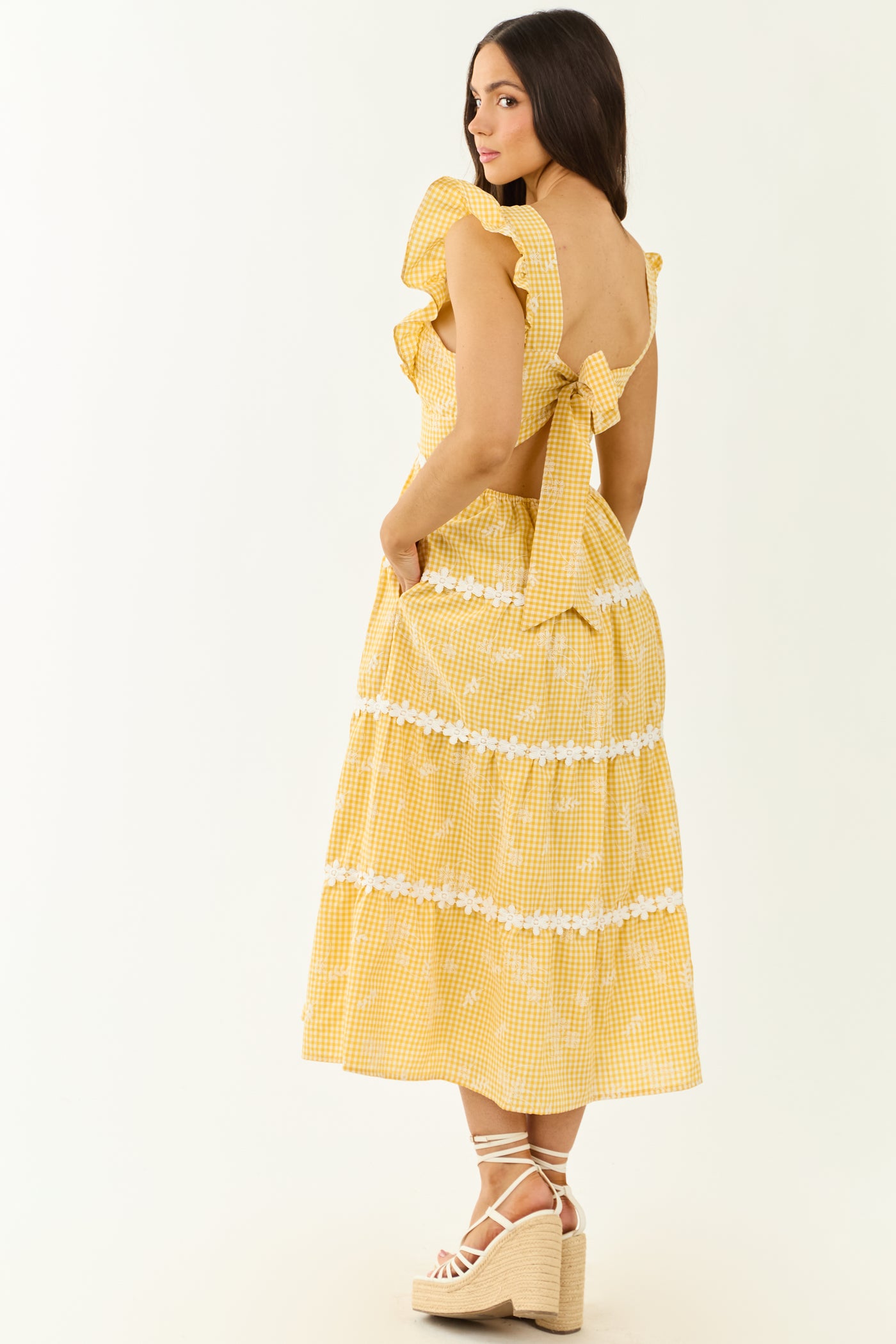 Canary Yellow Gingham Floral Embroidery Midi Dress