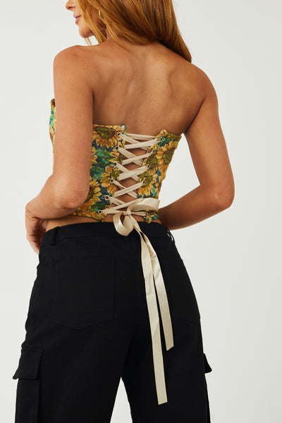 Canary Yellow Sunflower Lace Up Corset Top